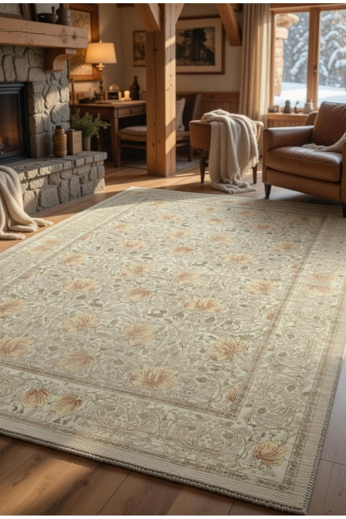 Modern Pastel Tonlar Soft Bej Vintage Halı Lale Motifli Klasik Salon Halısı 2282