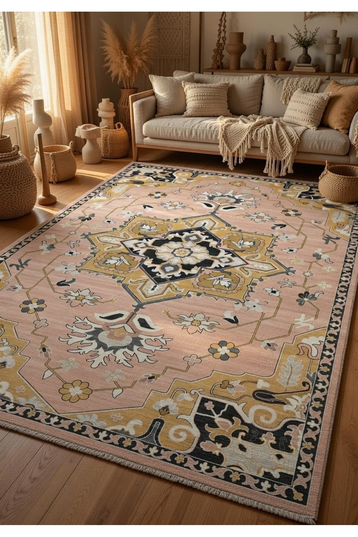 Pudra Pembe Siyah Gold Merkez Madalyonlu Modern Klasik Salon Halısı 2283
