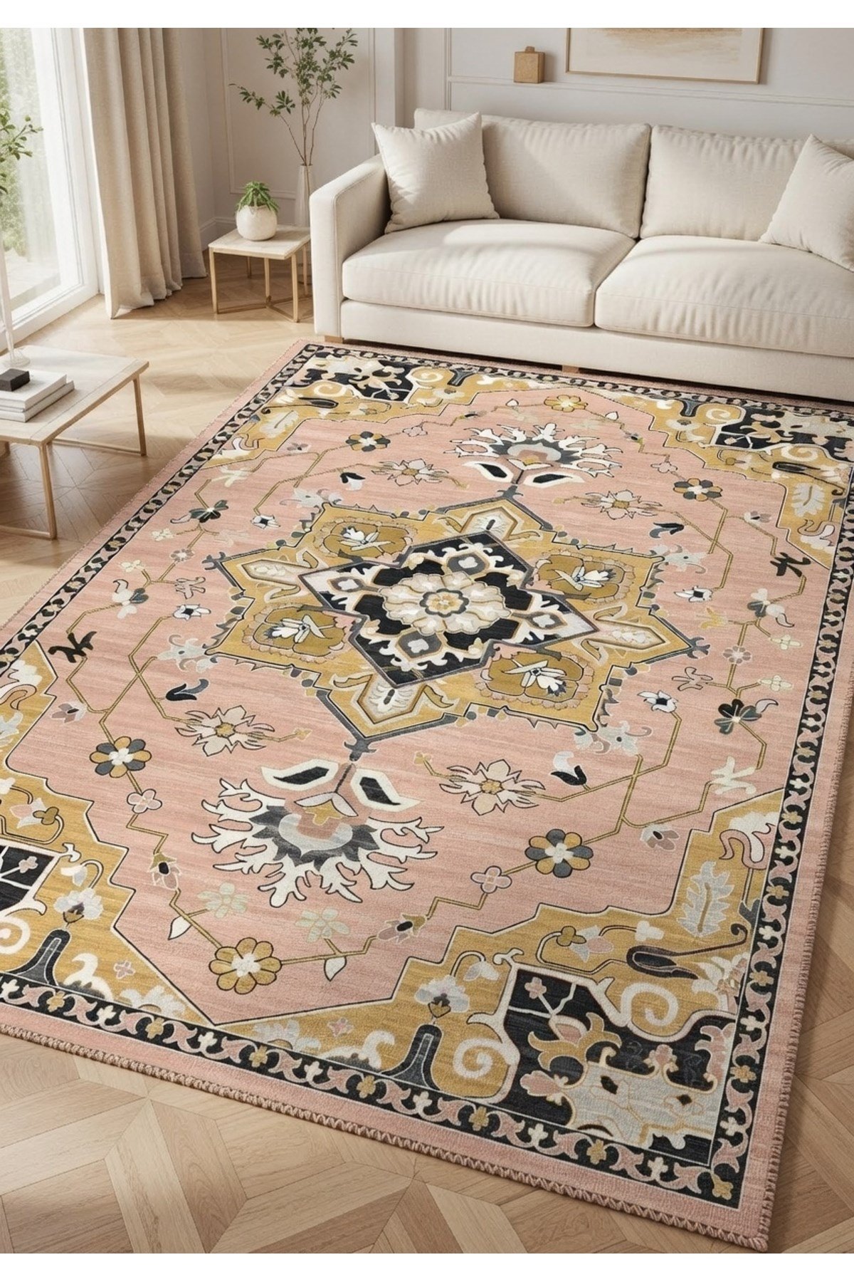 Pudra Pembe Siyah Gold Merkez Madalyonlu Modern Klasik Salon Halısı 2283