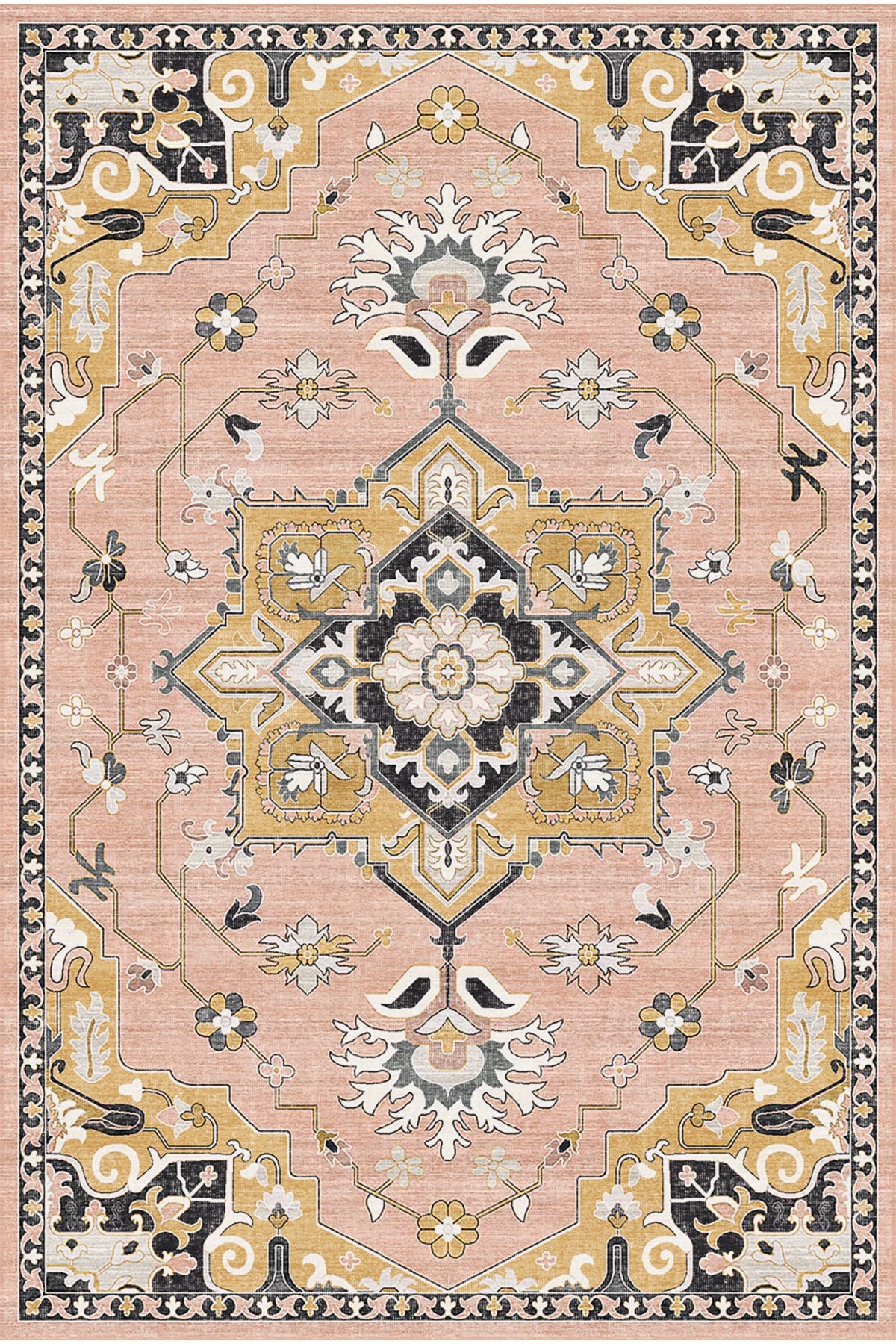 Pudra Pembe Siyah Gold Merkez Madalyonlu Modern Klasik Salon Halısı 2283