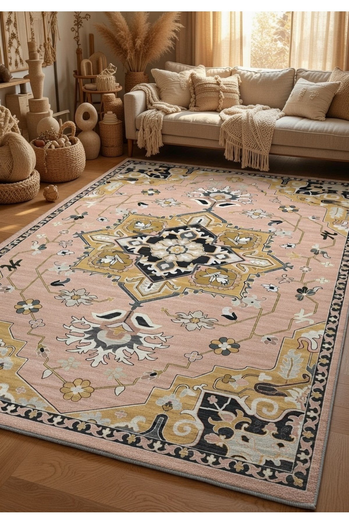 Pudra Pembe Siyah Gold Merkez Madalyonlu Modern Klasik Salon Halısı 2283