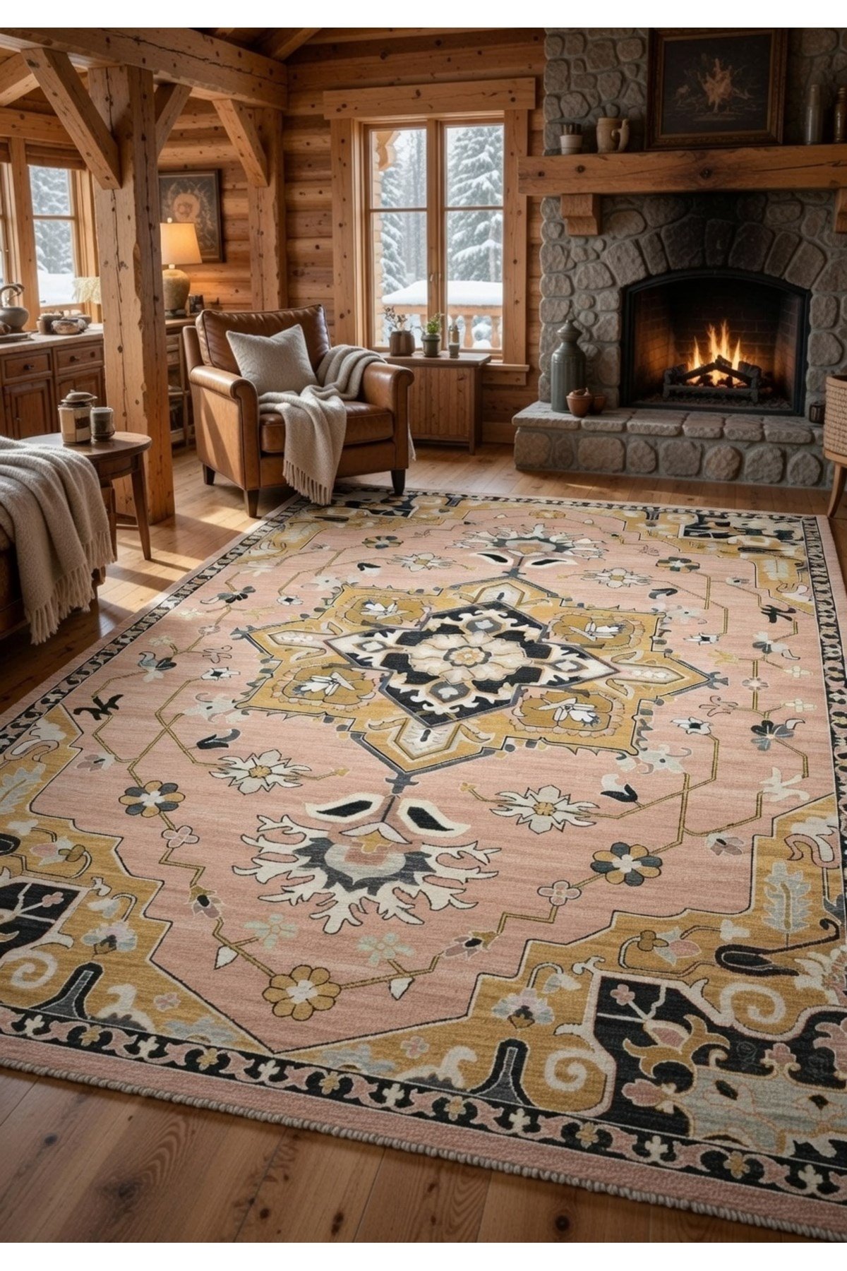 Pudra Pembe Siyah Gold Merkez Madalyonlu Modern Klasik Salon Halısı 2283