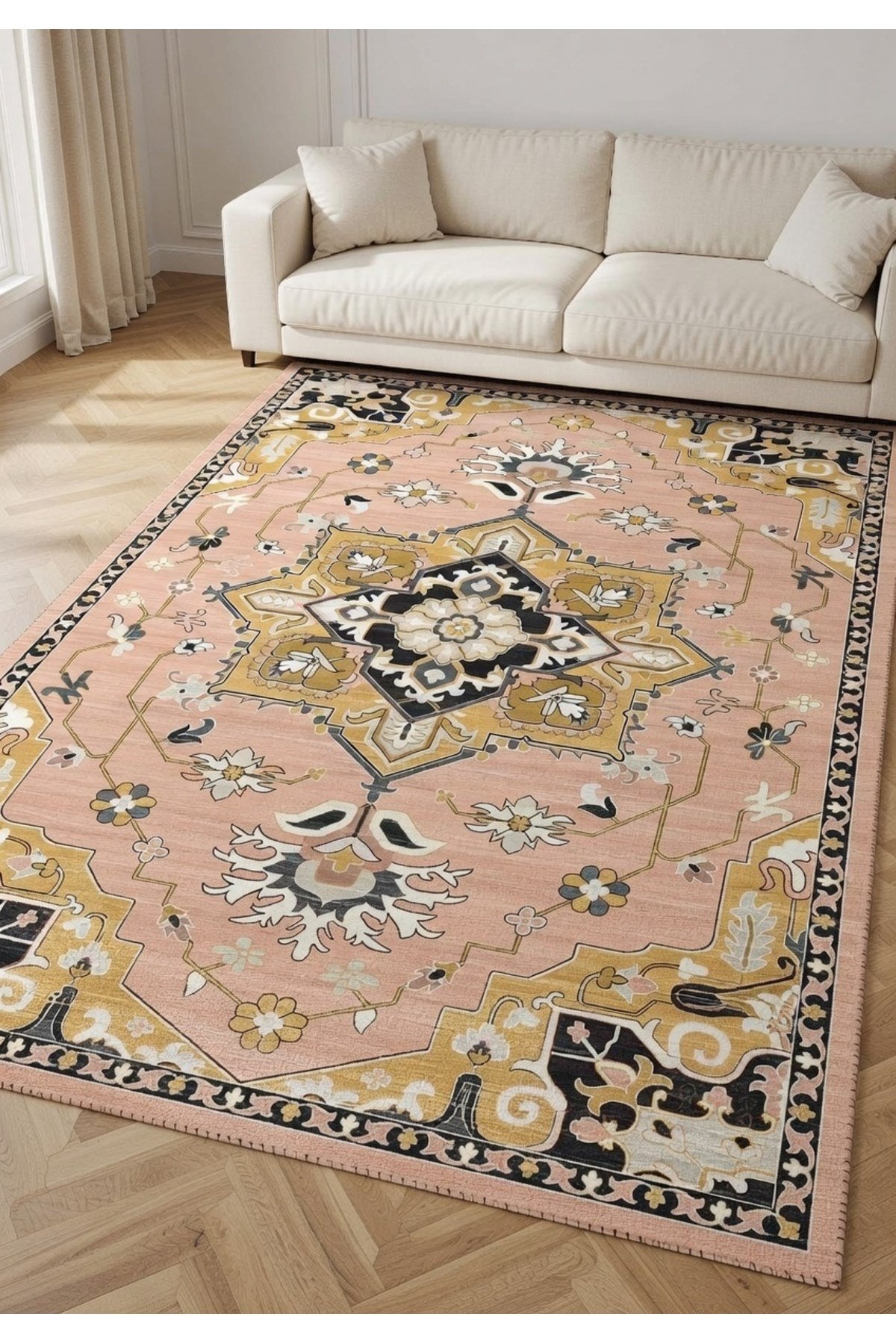 Pudra Pembe Siyah Gold Merkez Madalyonlu Modern Klasik Salon Halısı 2283