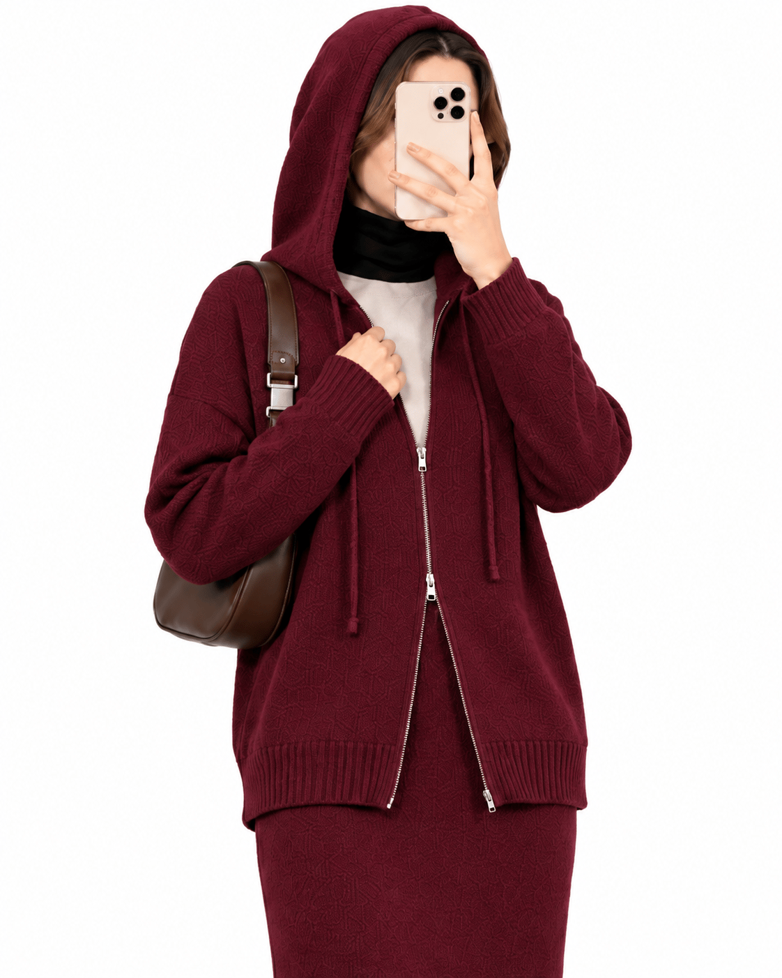 Asel Kapüşonlu Triko Takım-Bordo