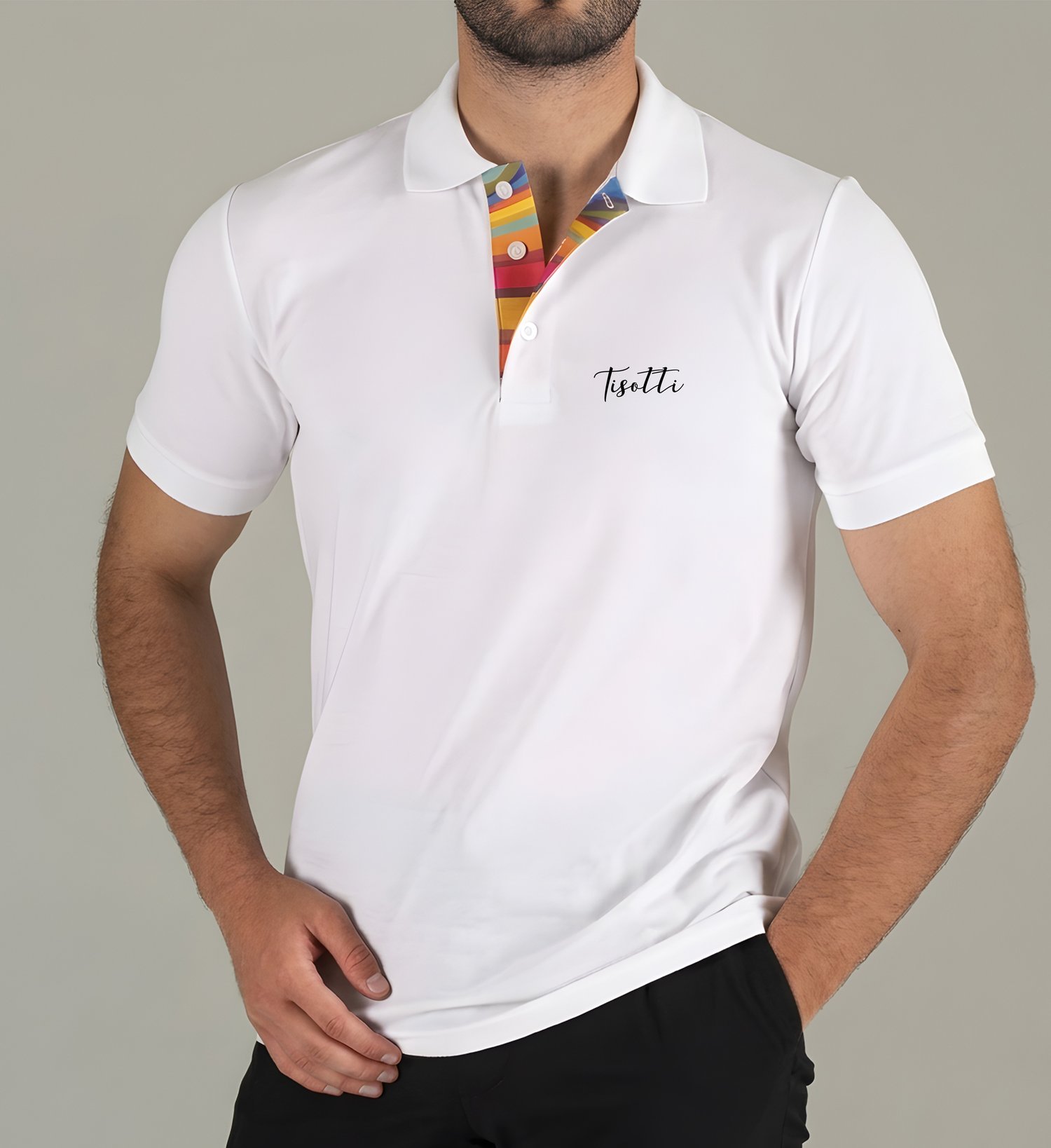 Beyaz Polo Yaka Dijital Patlı Lakost Tişört