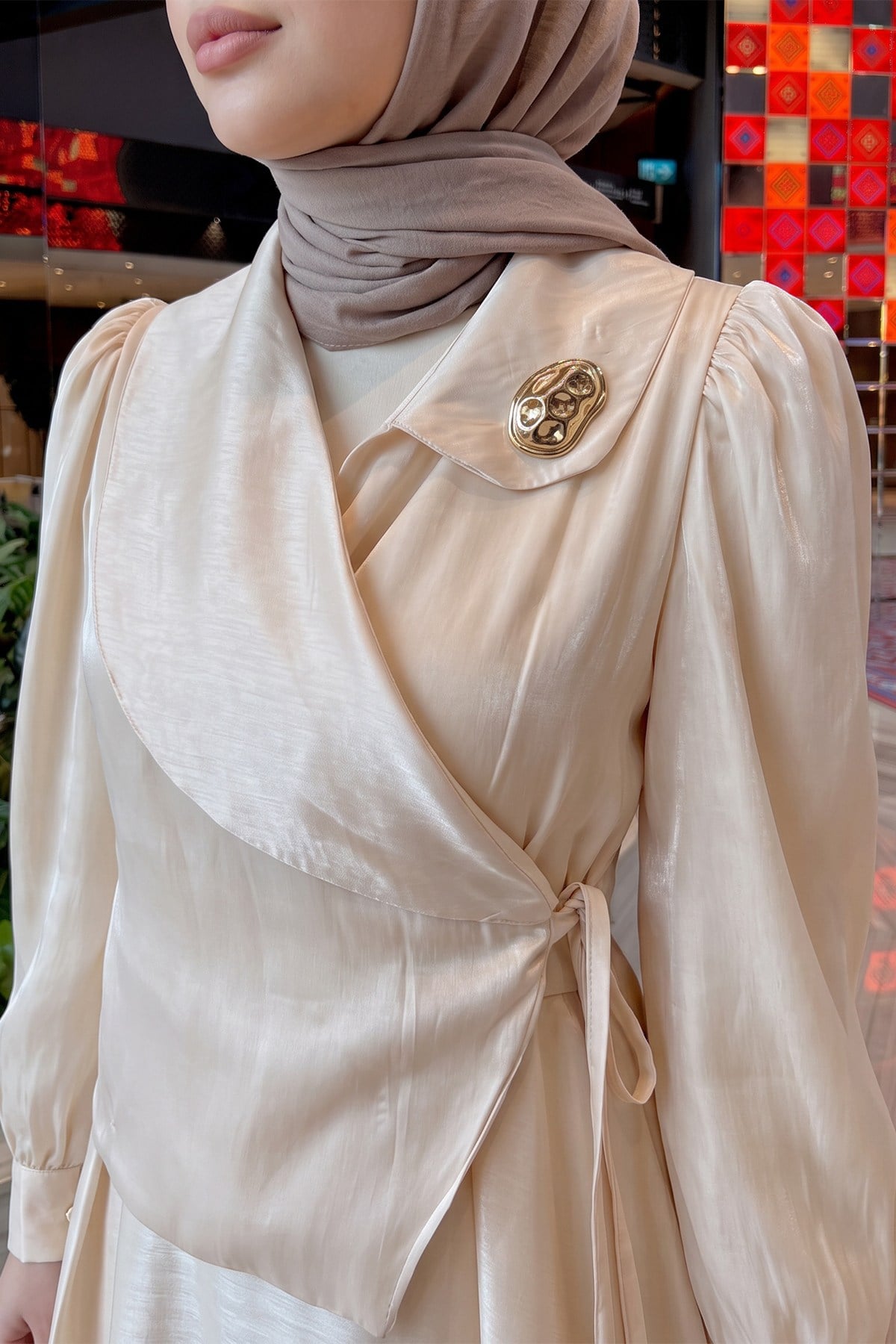 Anvelop Yaka Abiye Elbise - KREM