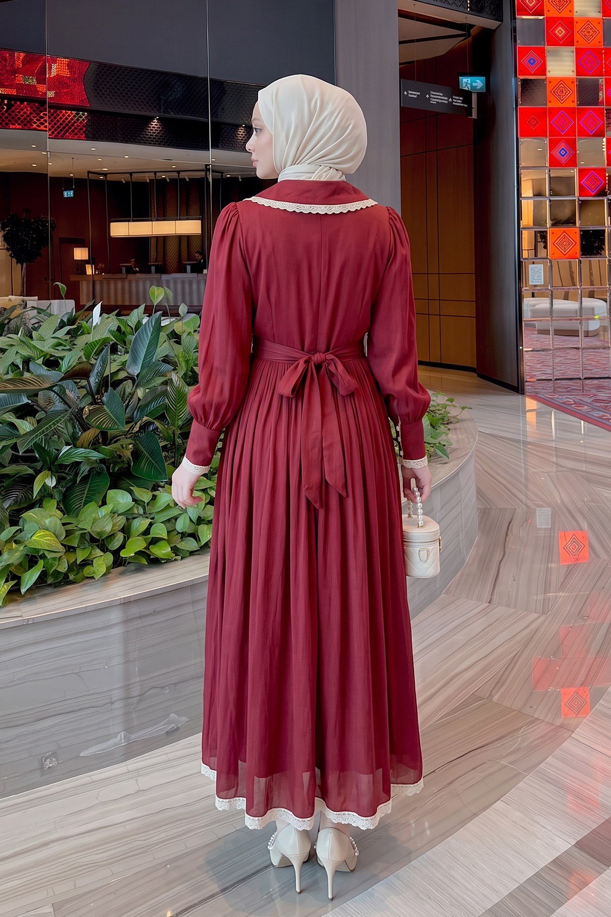 Dantel Detaylı Elbise - BORDO