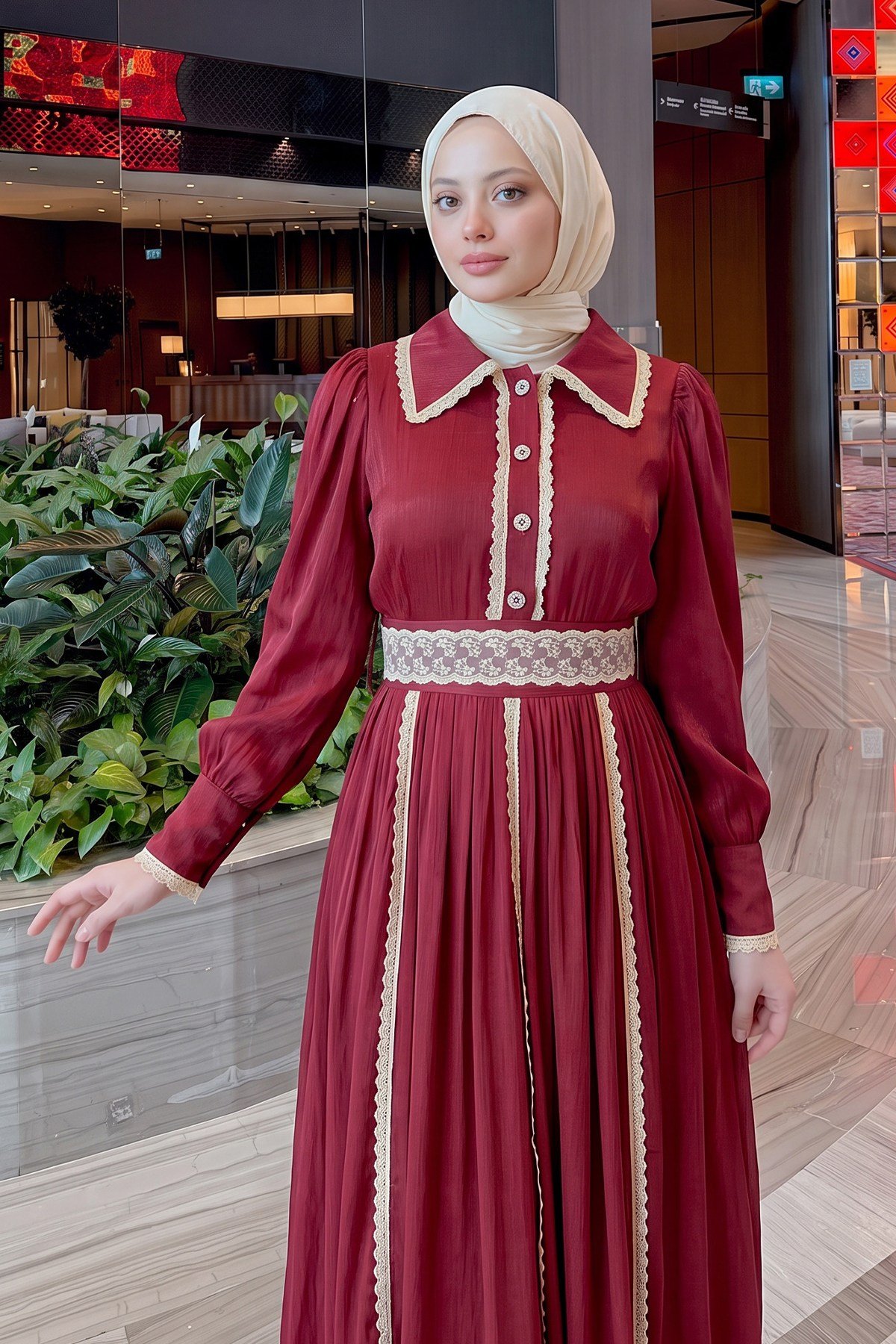 Dantel Detaylı Elbise - BORDO