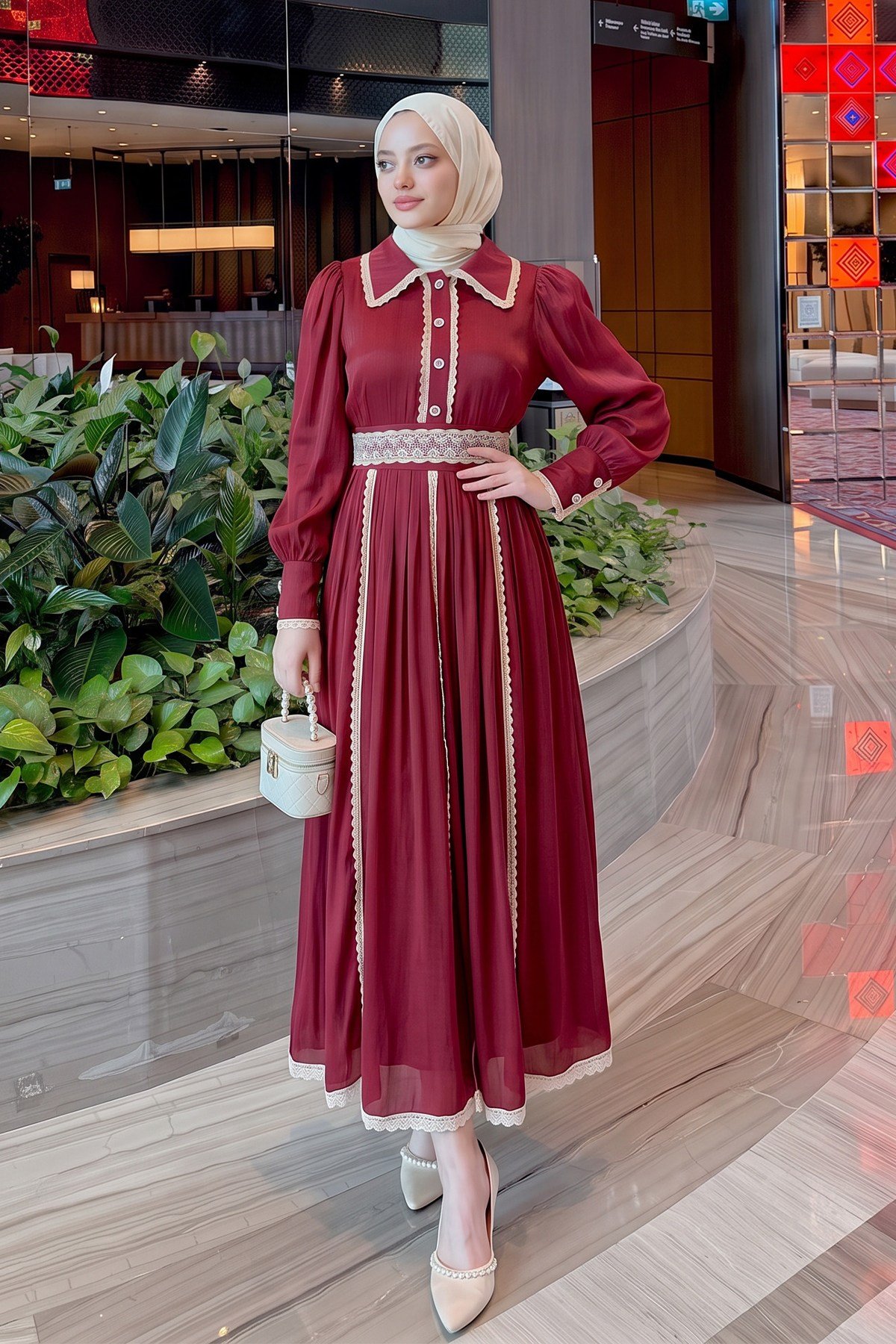 Dantel Detaylı Elbise - BORDO