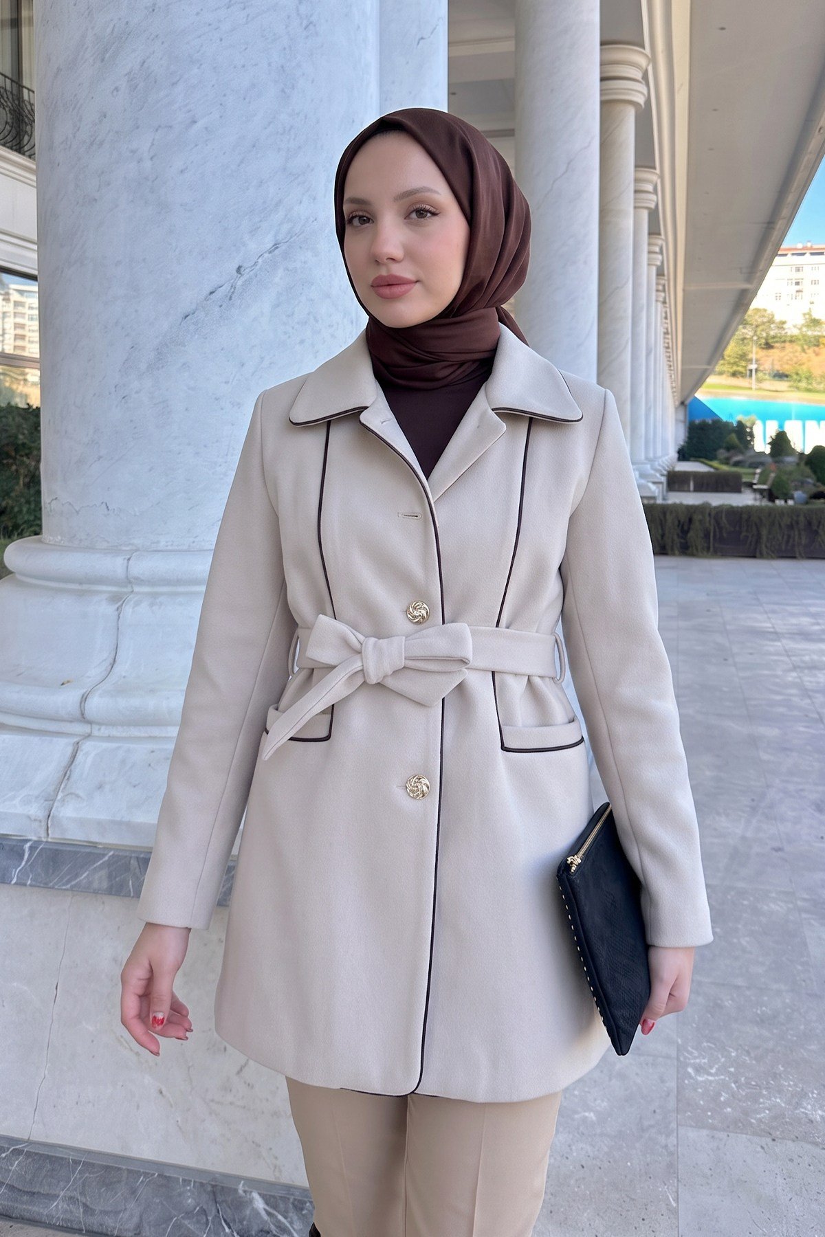 Dikey Cepli Kaşe Kaban - AÇIK BEJ