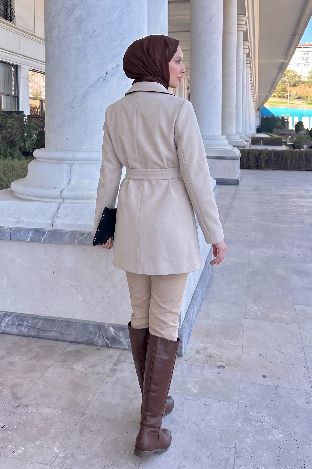 Dikey Cepli Kaşe Kaban - AÇIK BEJ