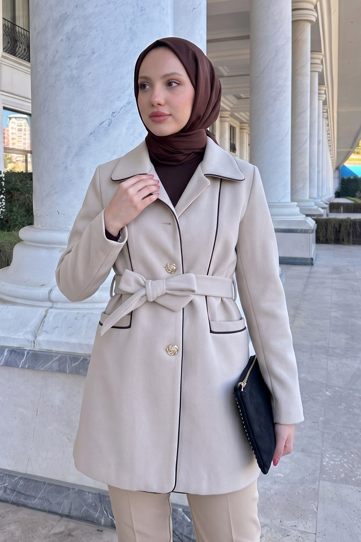 Dikey Cepli Kaşe Kaban - AÇIK BEJ