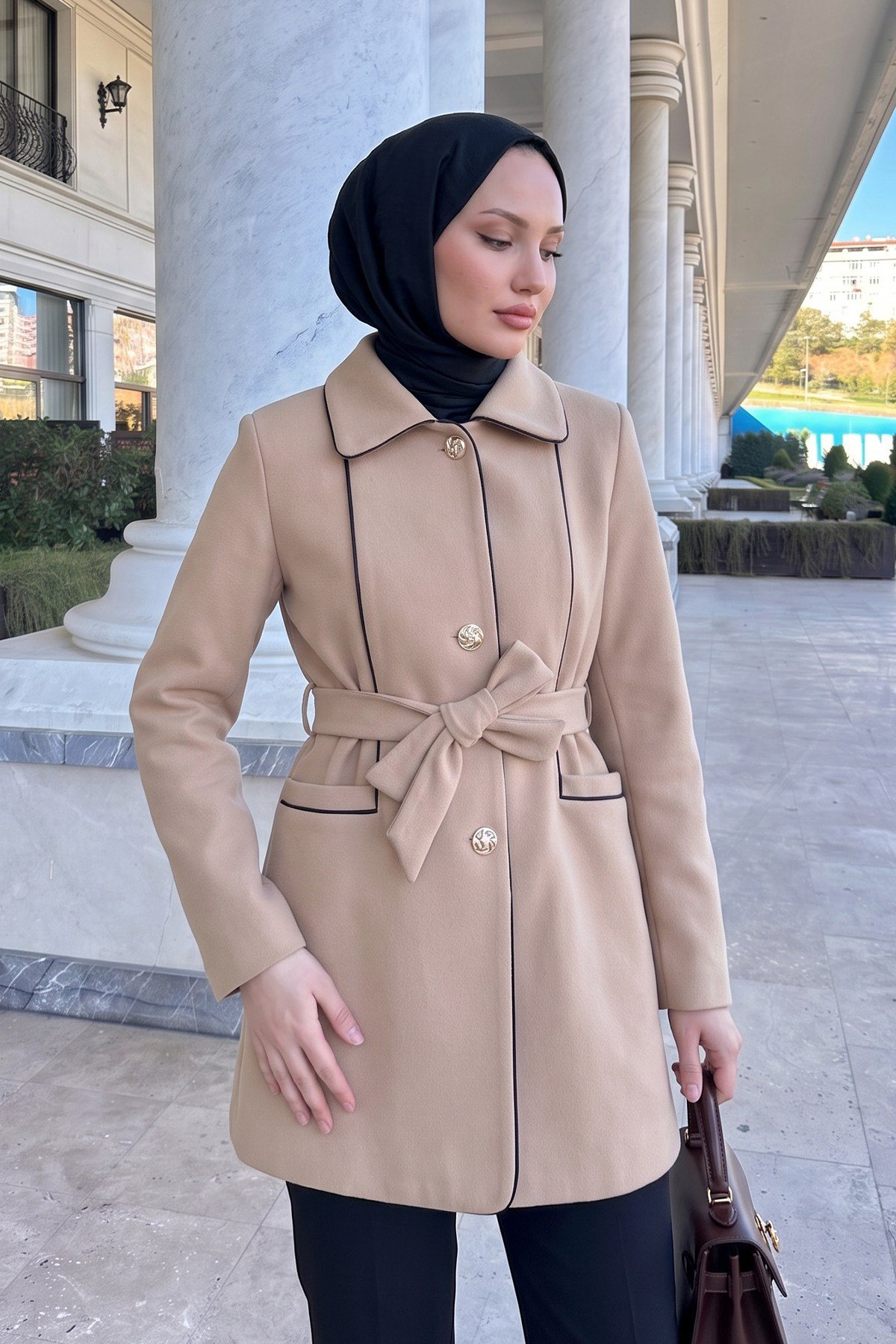 Dikey Cepli Kaşe Kaban - BEJ