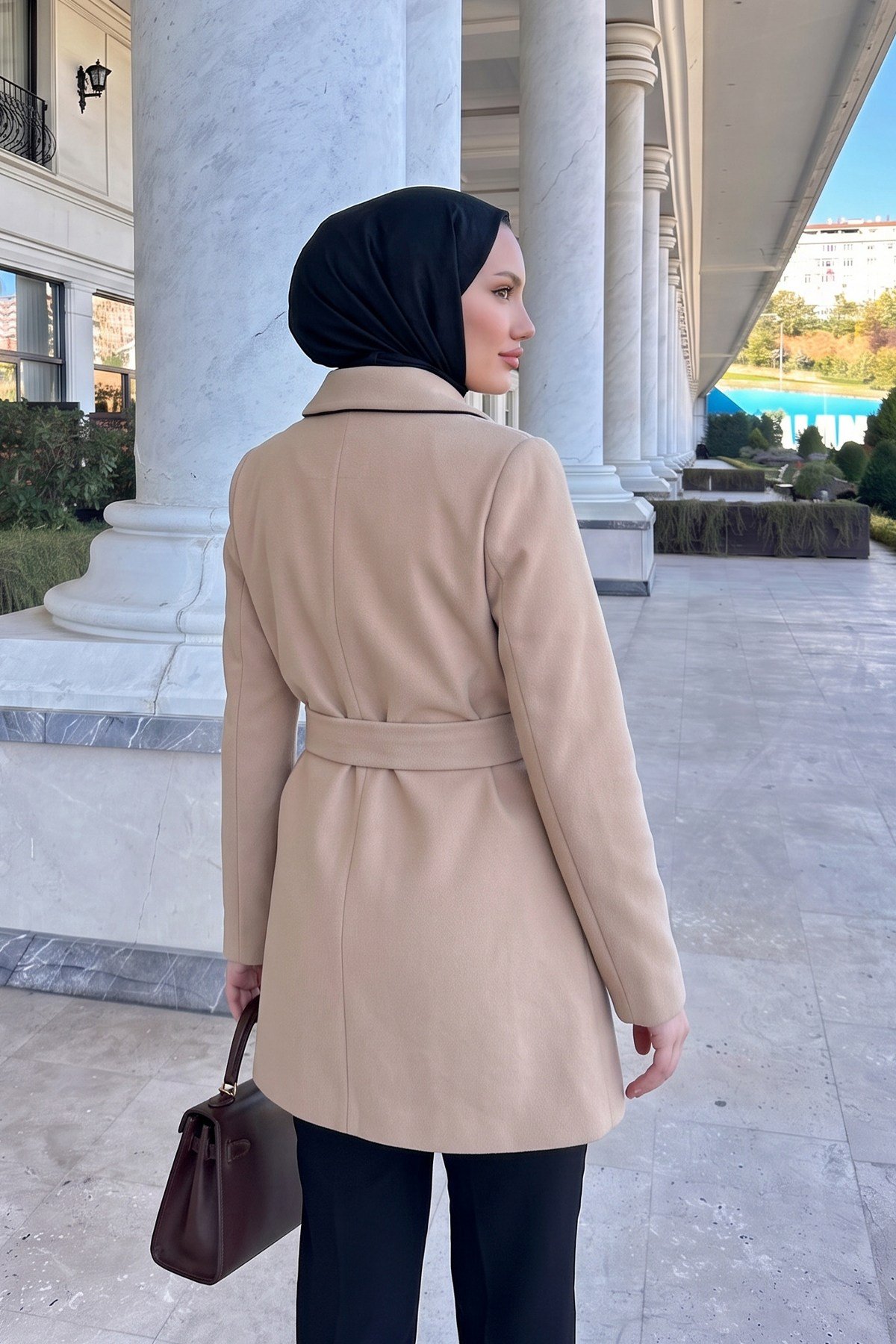 Dikey Cepli Kaşe Kaban - BEJ