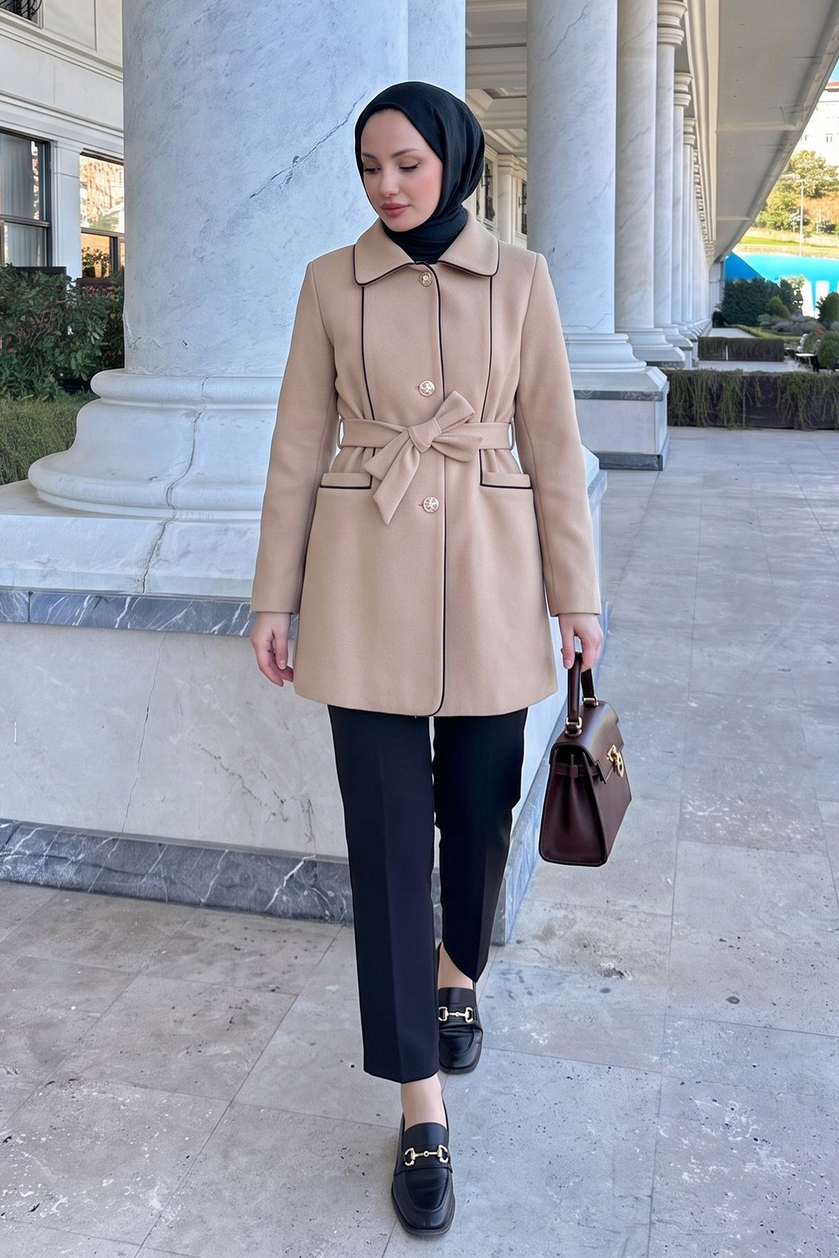 Dikey Cepli Kaşe Kaban - BEJ