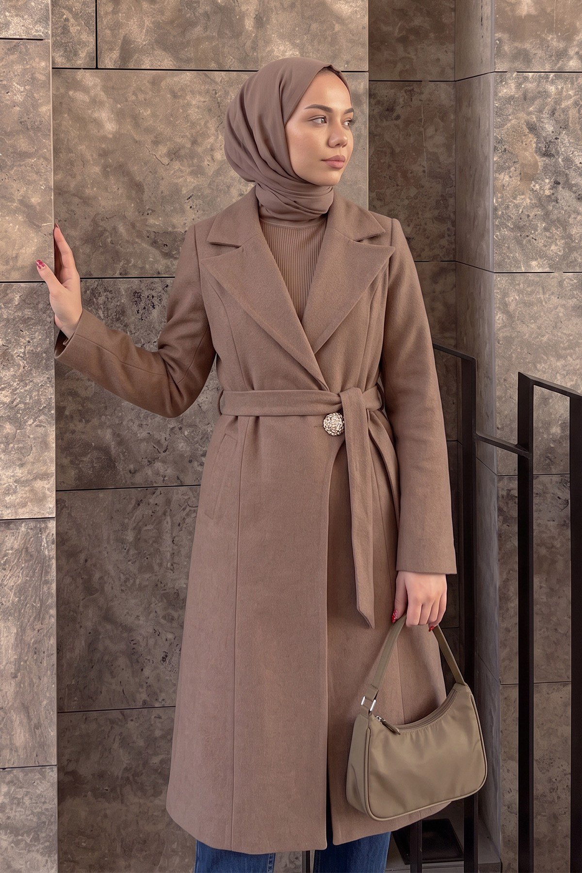 Tasarım Düğmeli Kaşe Kaban - CAMEL
