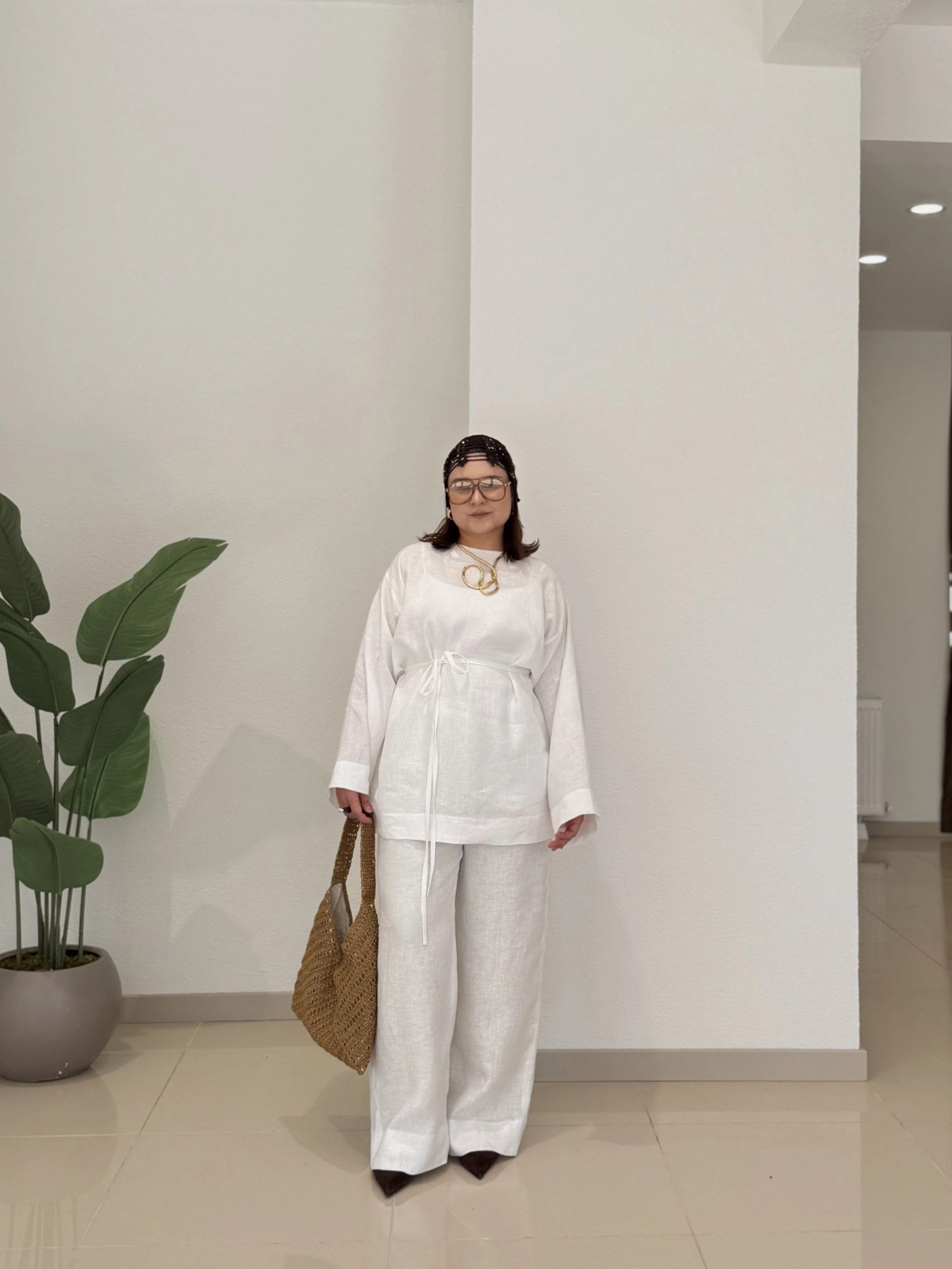 HAM KETEN KEMERLİ TUNİK PANTOLON TAKIM - SİYAH