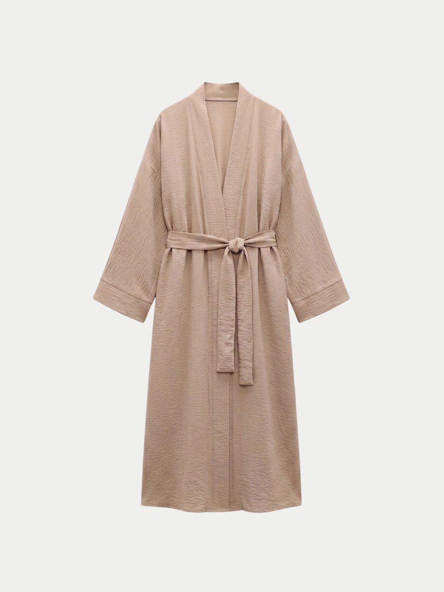 LOOV ÇİLEK KUMAŞ KUŞAKLI ABAYA KİMONO - BEJ