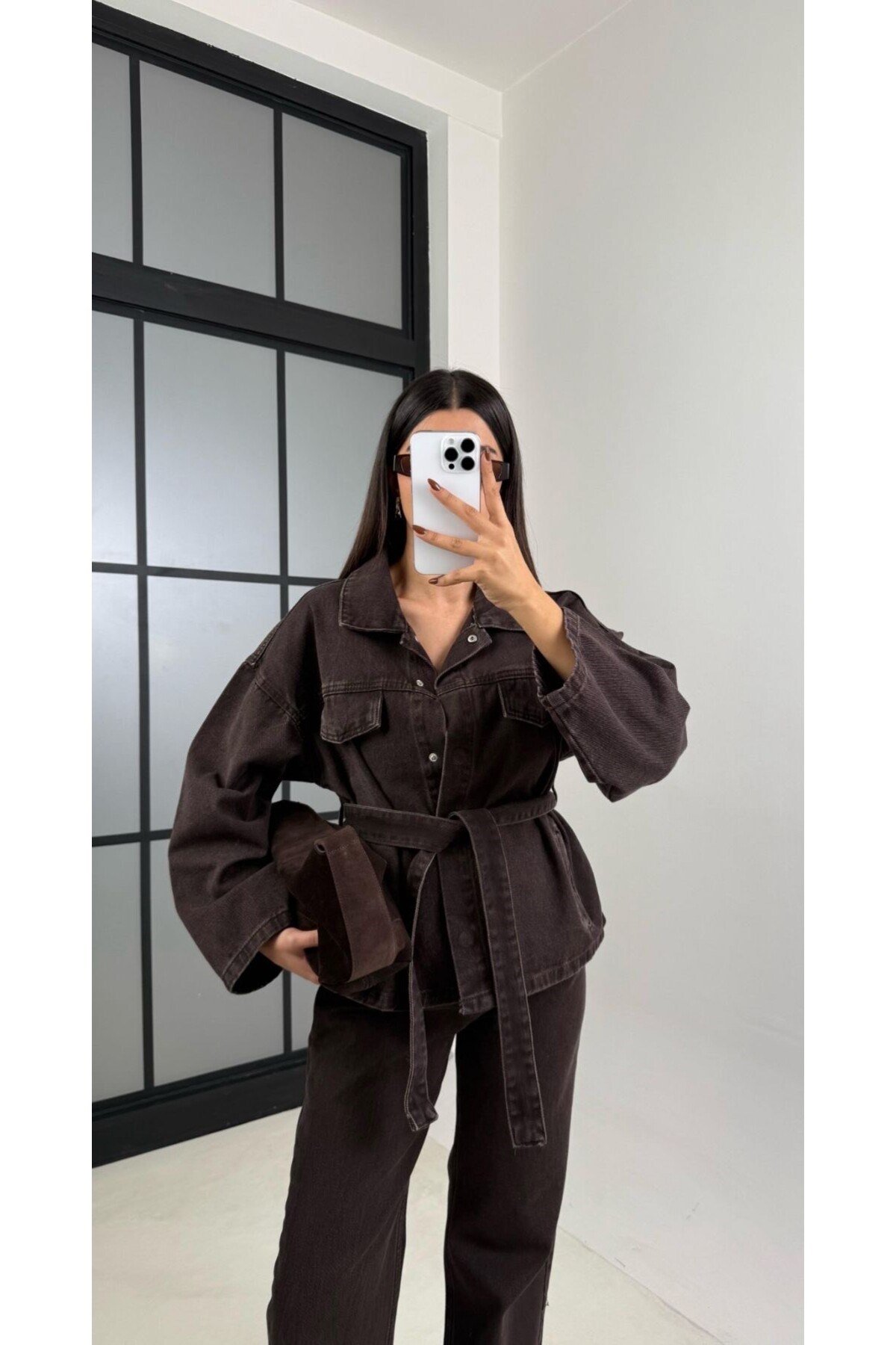 Bağlamalı Denim Takım Oversize Ceket ve Yüksek Bel Pantolon