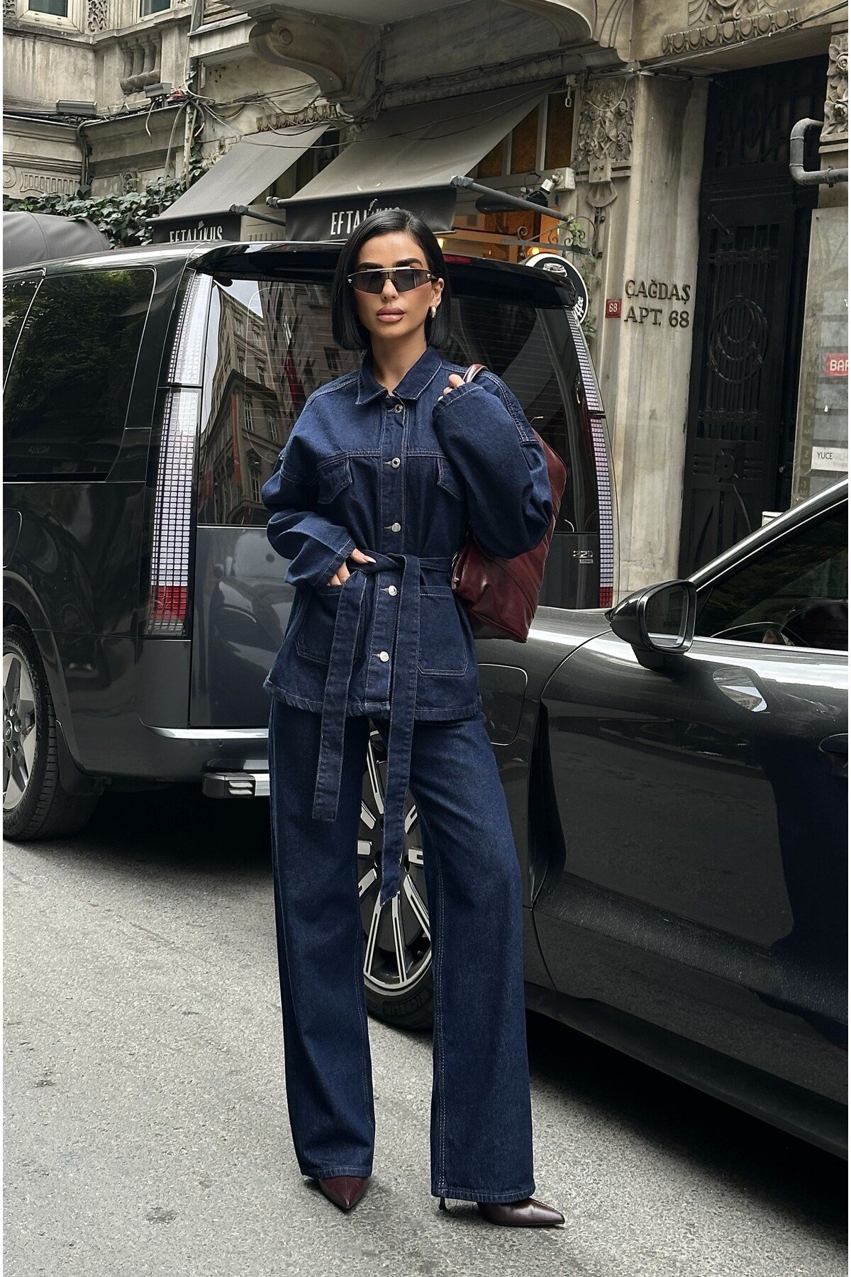 Bağlamalı Denim Takım Oversize Ceket ve Yüksek Bel Pantolon