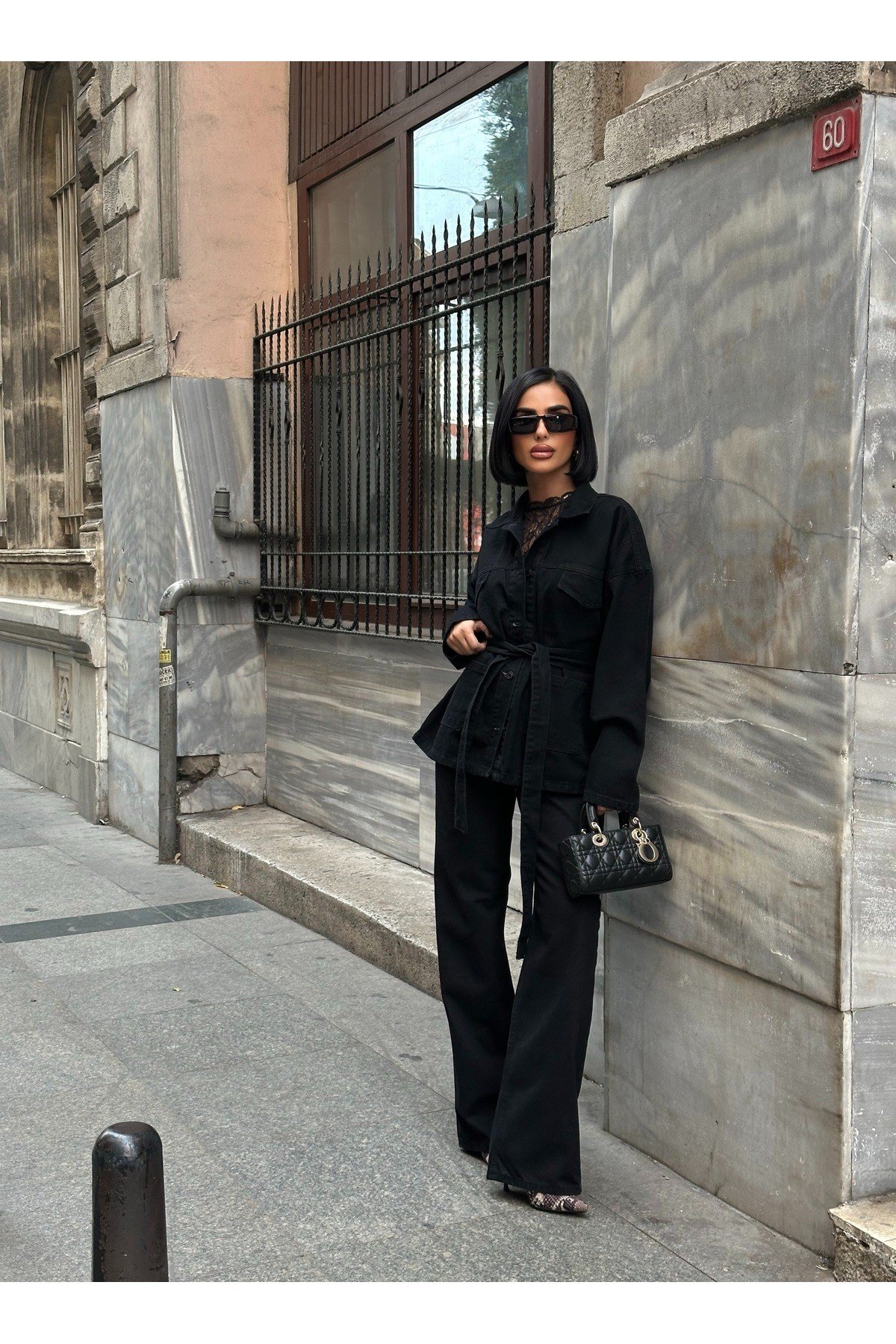 Bağlamalı Denim Takım Oversize Ceket ve Yüksek Bel Pantolon
