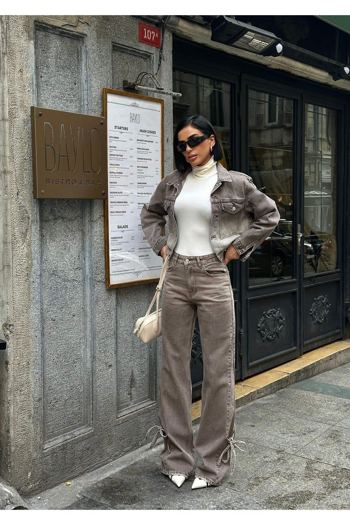 Bağlamalı Denim Takım Oversize Ceket ve Pantolon