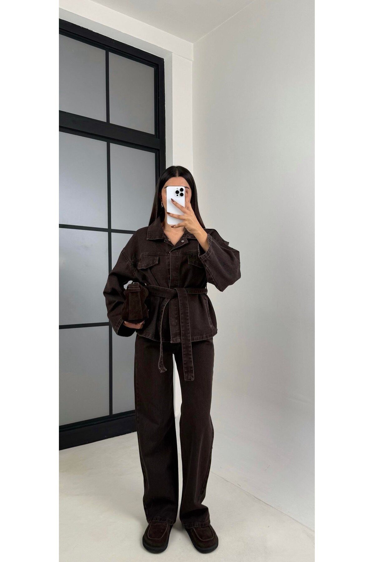 Bağlamalı Denim Takım Oversize Ceket ve Yüksek Bel Pantolon
