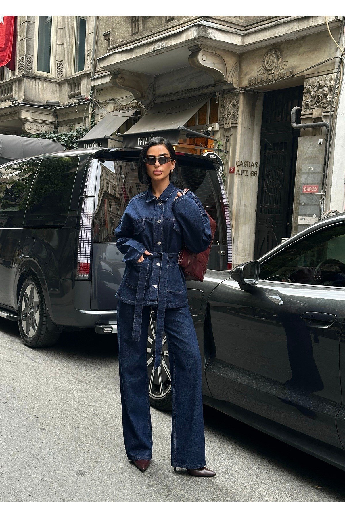 Bağlamalı Denim Takım Oversize Ceket ve Yüksek Bel Pantolon
