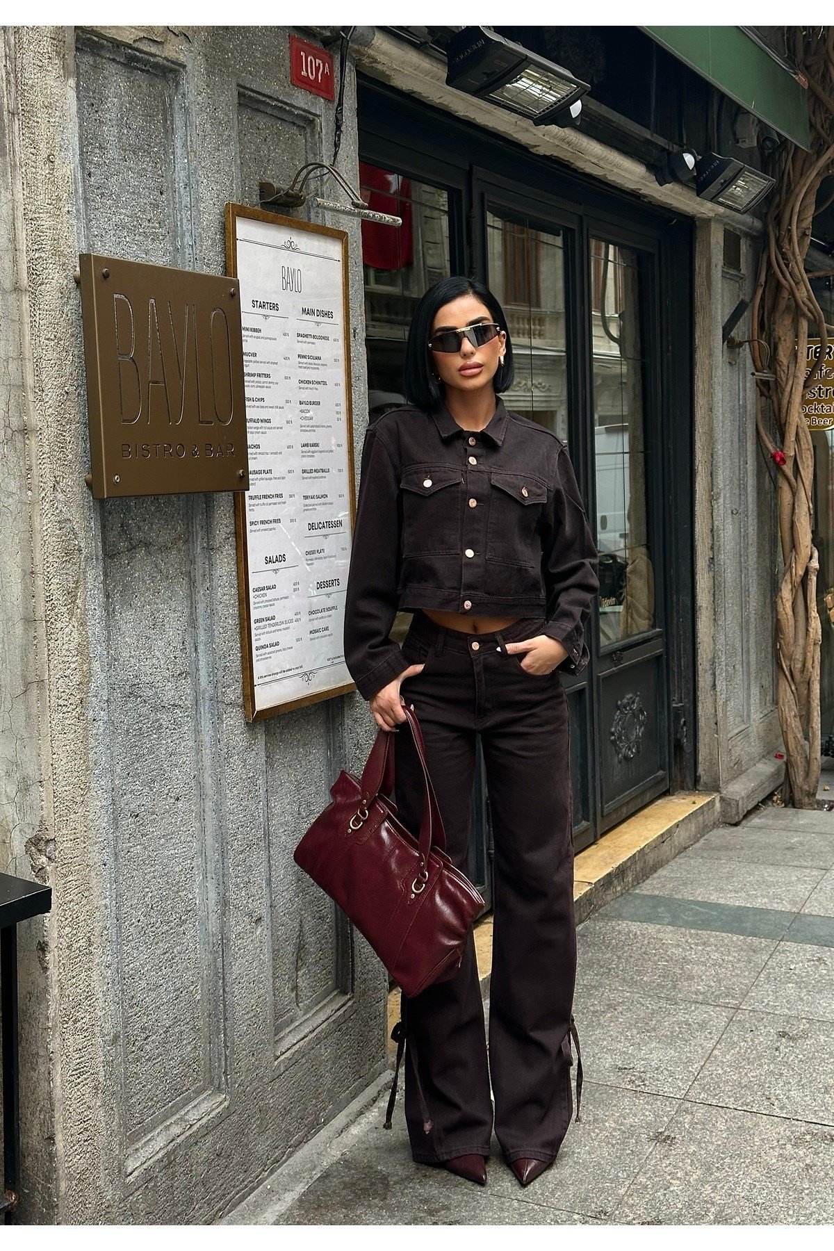 Bağlamalı Denim Takım Oversize Ceket ve Pantolon