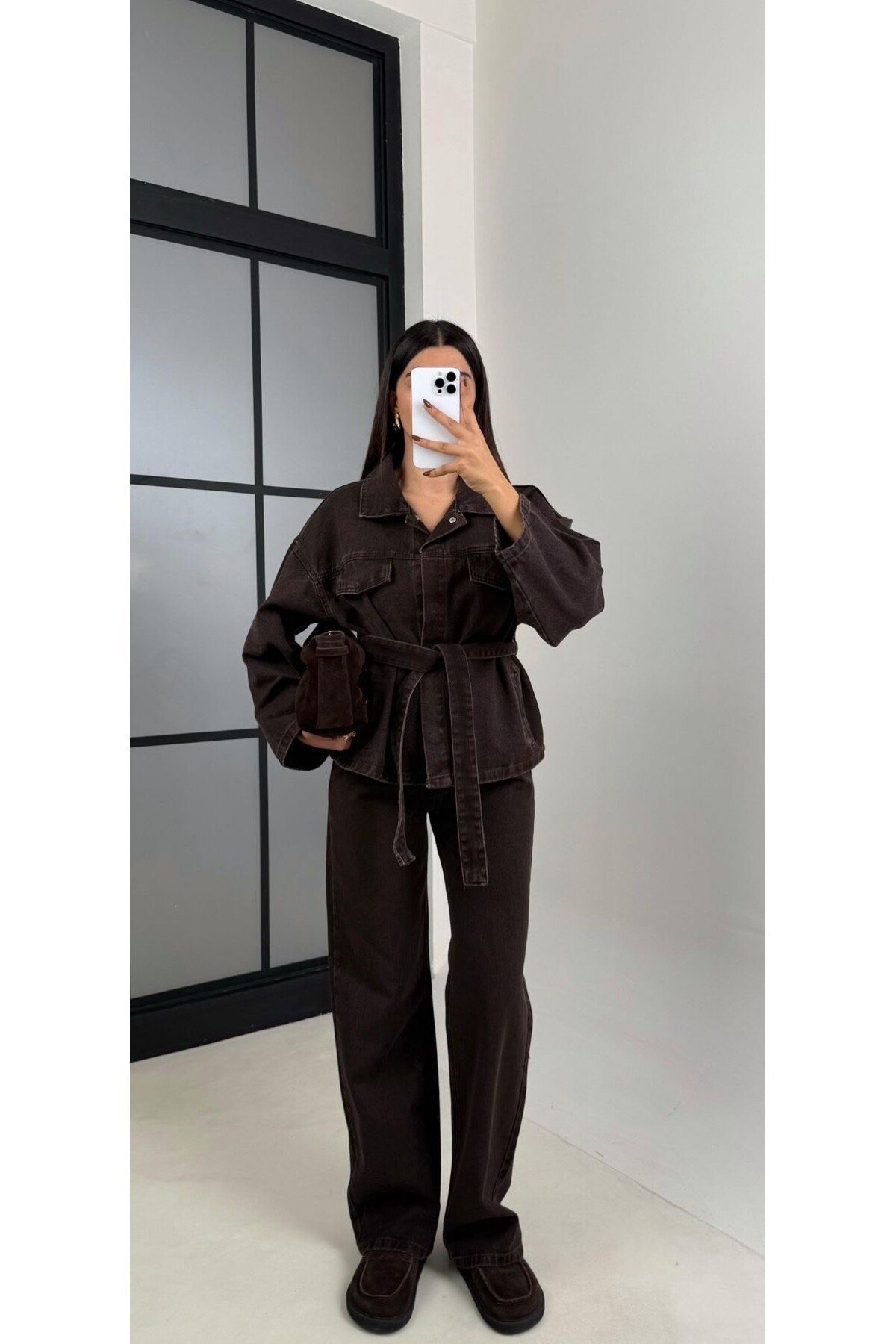 Bağlamalı Denim Takım Oversize Ceket ve Yüksek Bel Pantolon