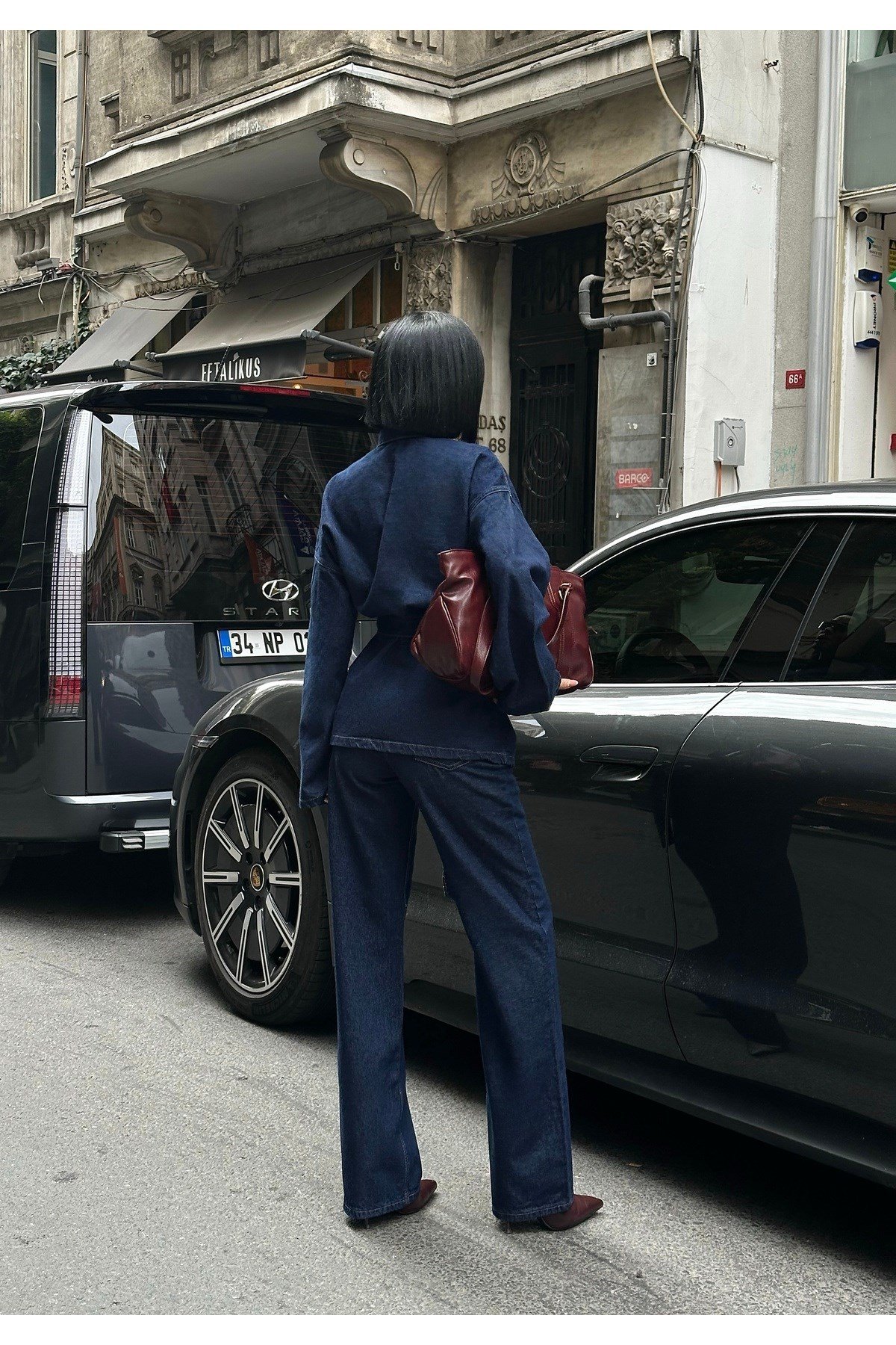 Bağlamalı Denim Takım Oversize Ceket ve Yüksek Bel Pantolon