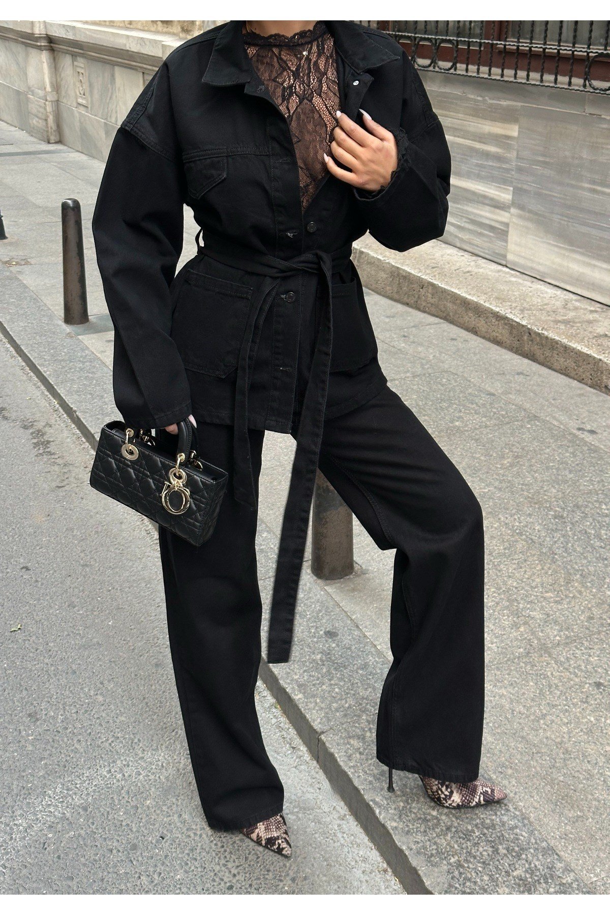 Bağlamalı Denim Takım Oversize Ceket ve Yüksek Bel Pantolon