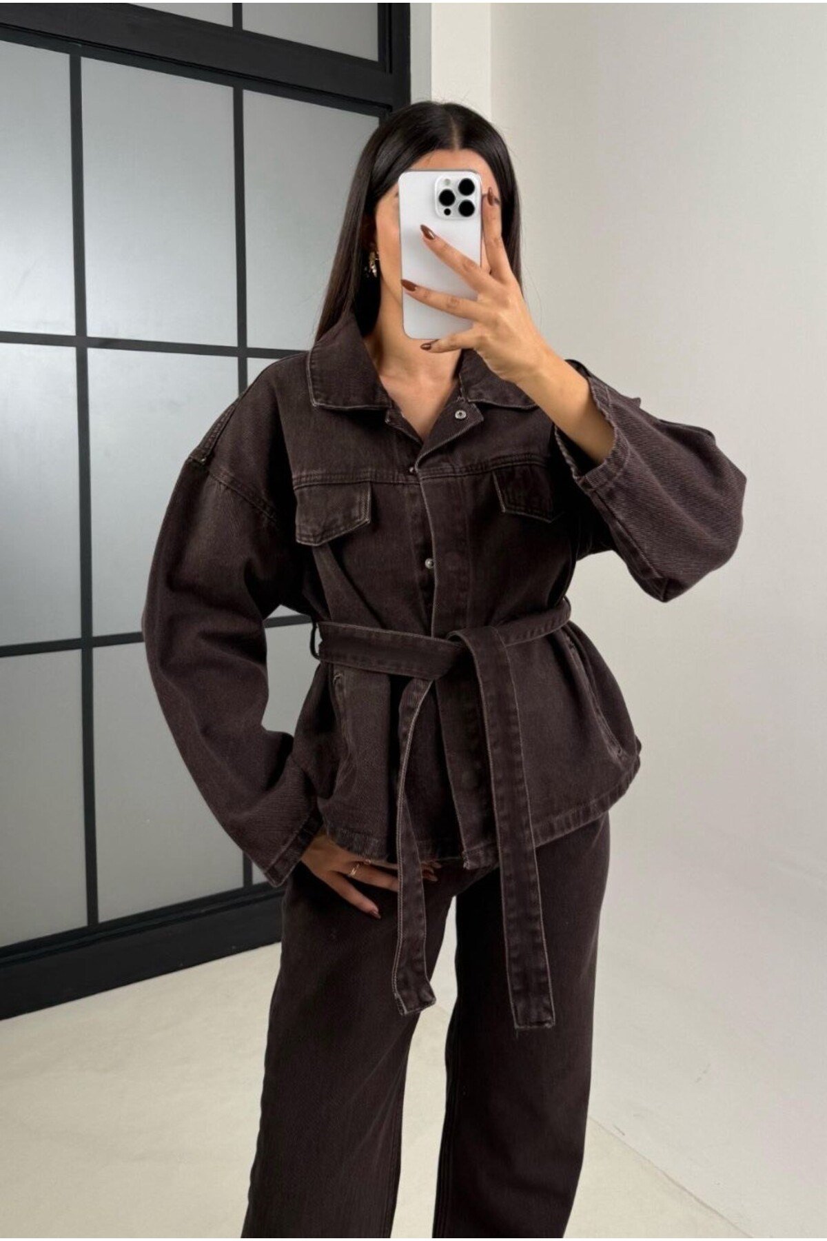 Bağlamalı Denim Takım Oversize Ceket ve Yüksek Bel Pantolon