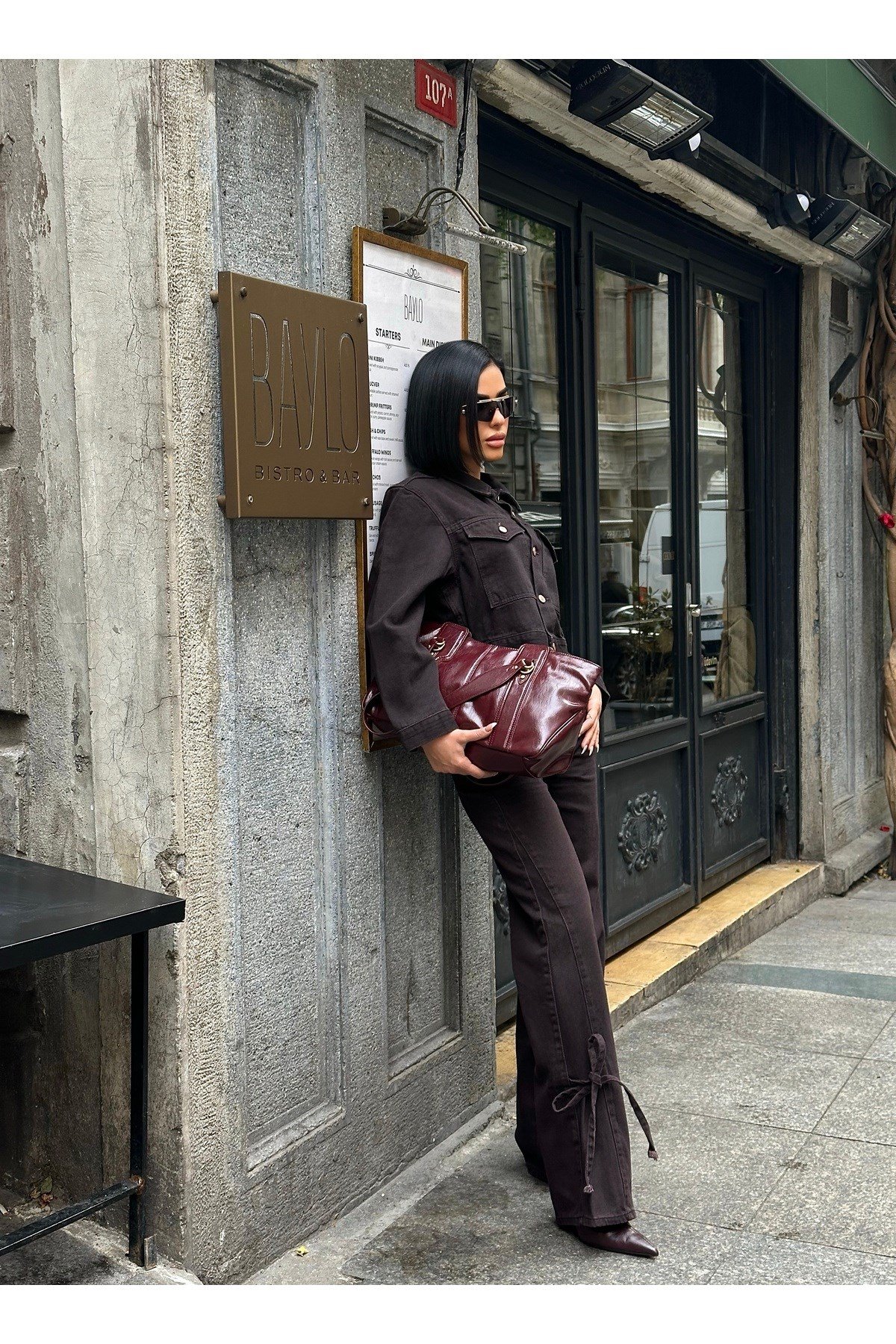 Bağlamalı Denim Takım Oversize Ceket ve Pantolon