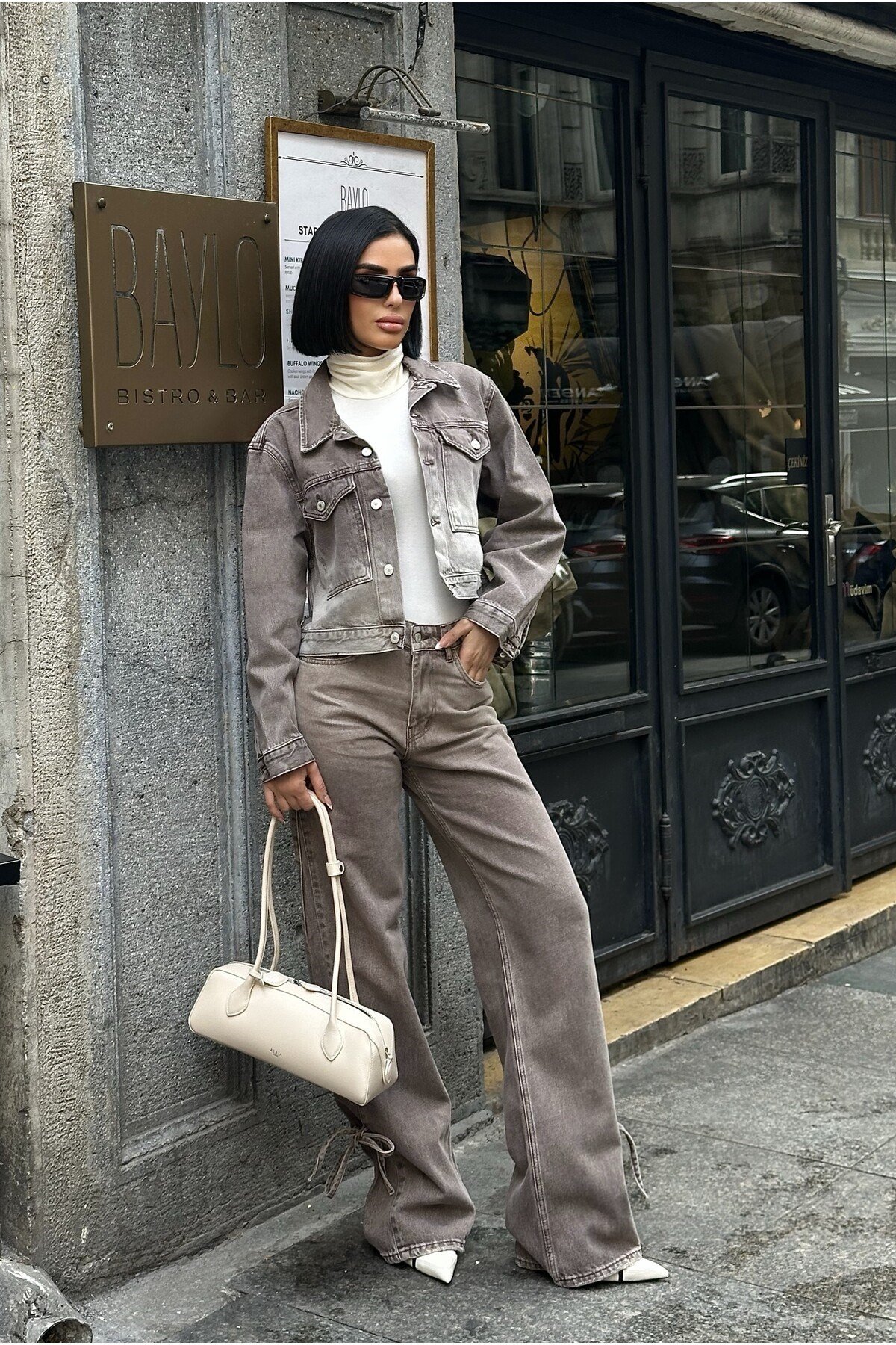 Bağlamalı Denim Takım Oversize Ceket ve Pantolon
