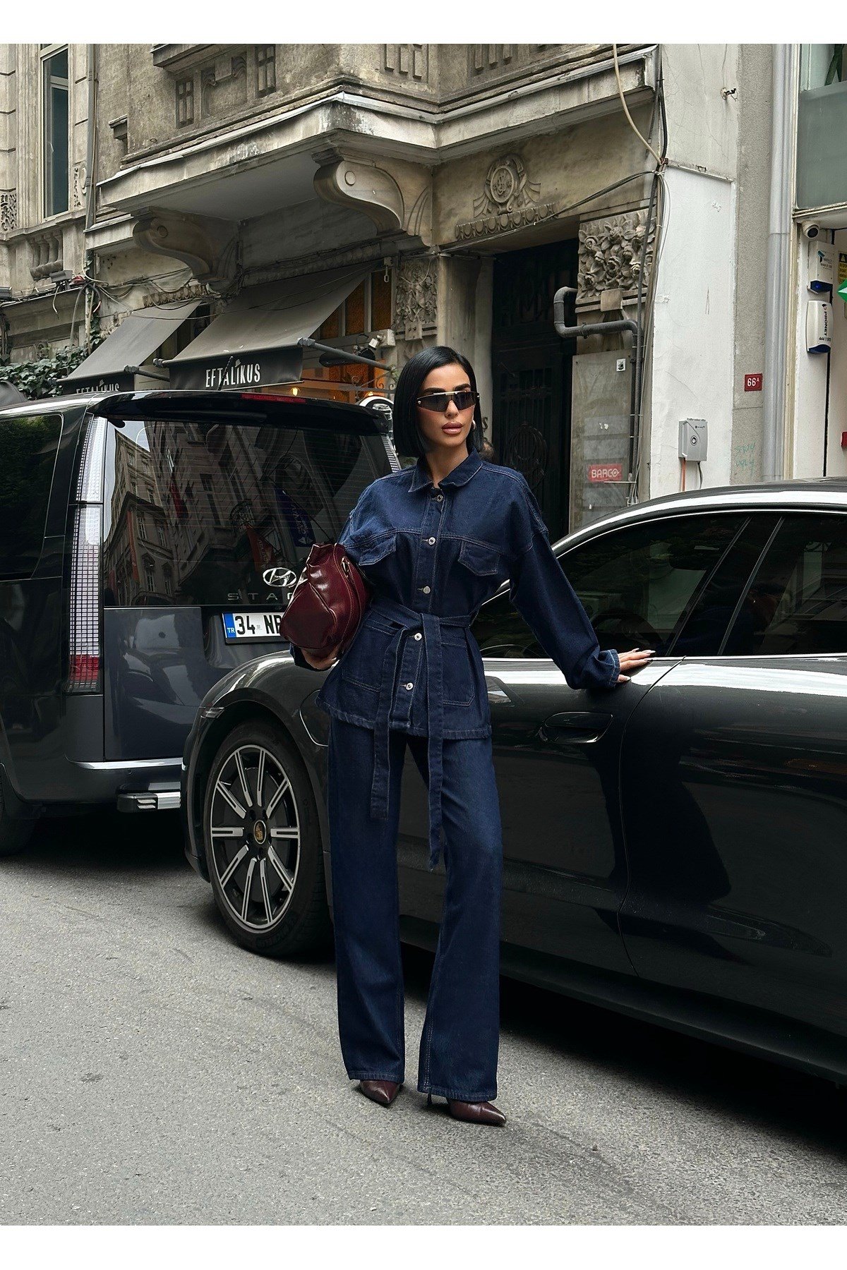Bağlamalı Denim Takım Oversize Ceket ve Yüksek Bel Pantolon