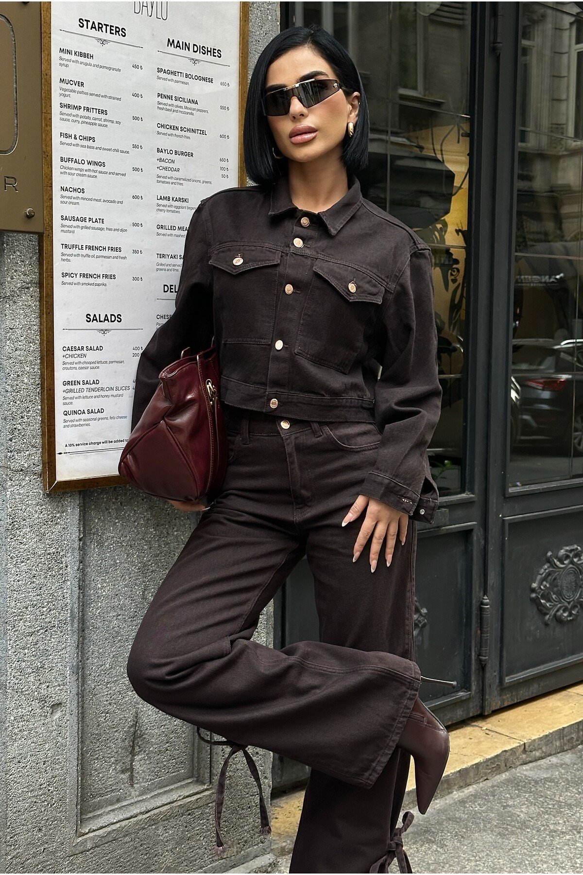 Bağlamalı Denim Takım Oversize Ceket ve Pantolon