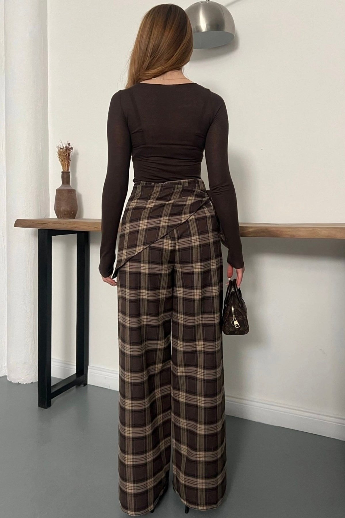 BSK Fular Detaylı Ekoseli Tailored Fit Pantolon