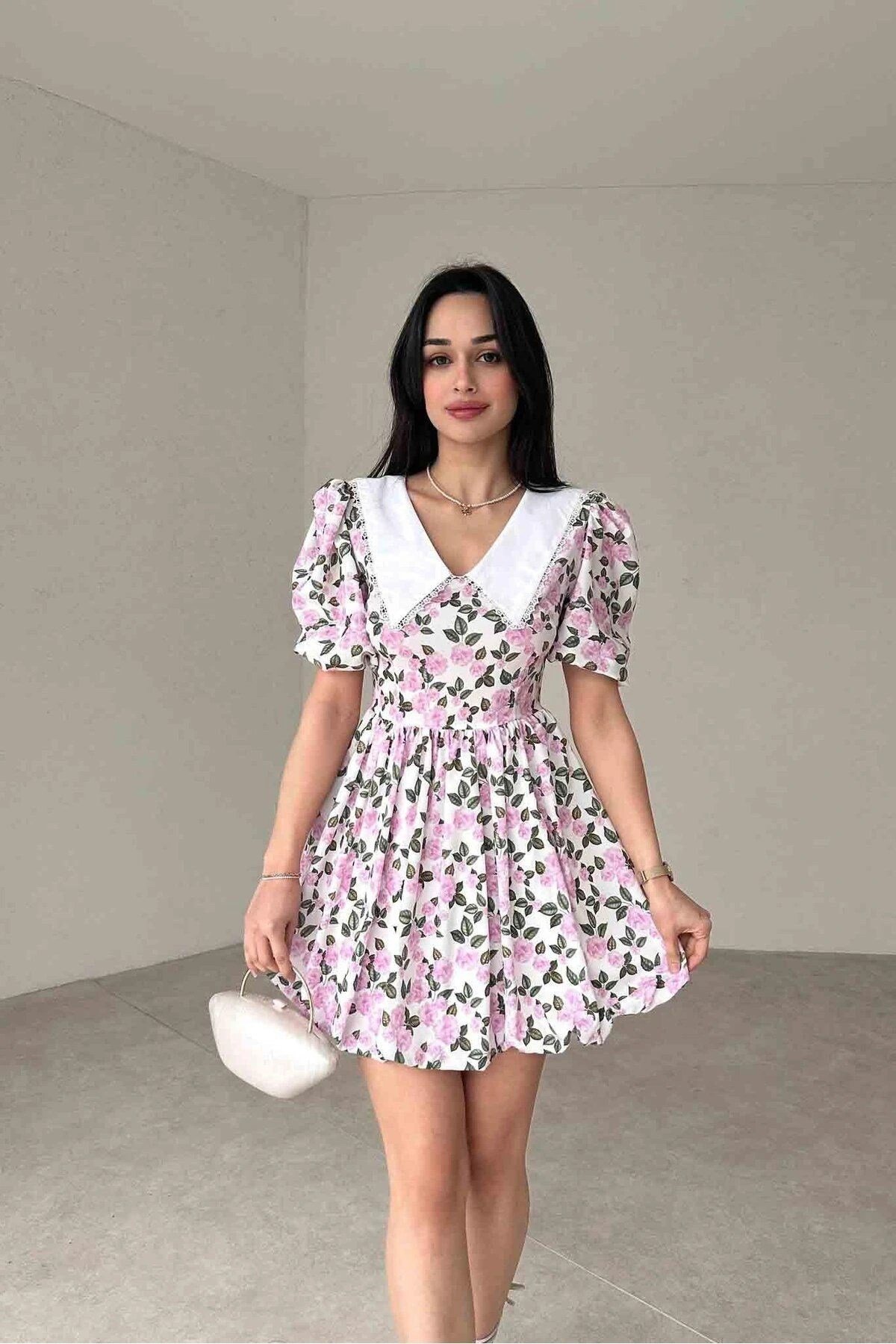 Çiçek Desenli Bebe Yaka Poplin Elbise