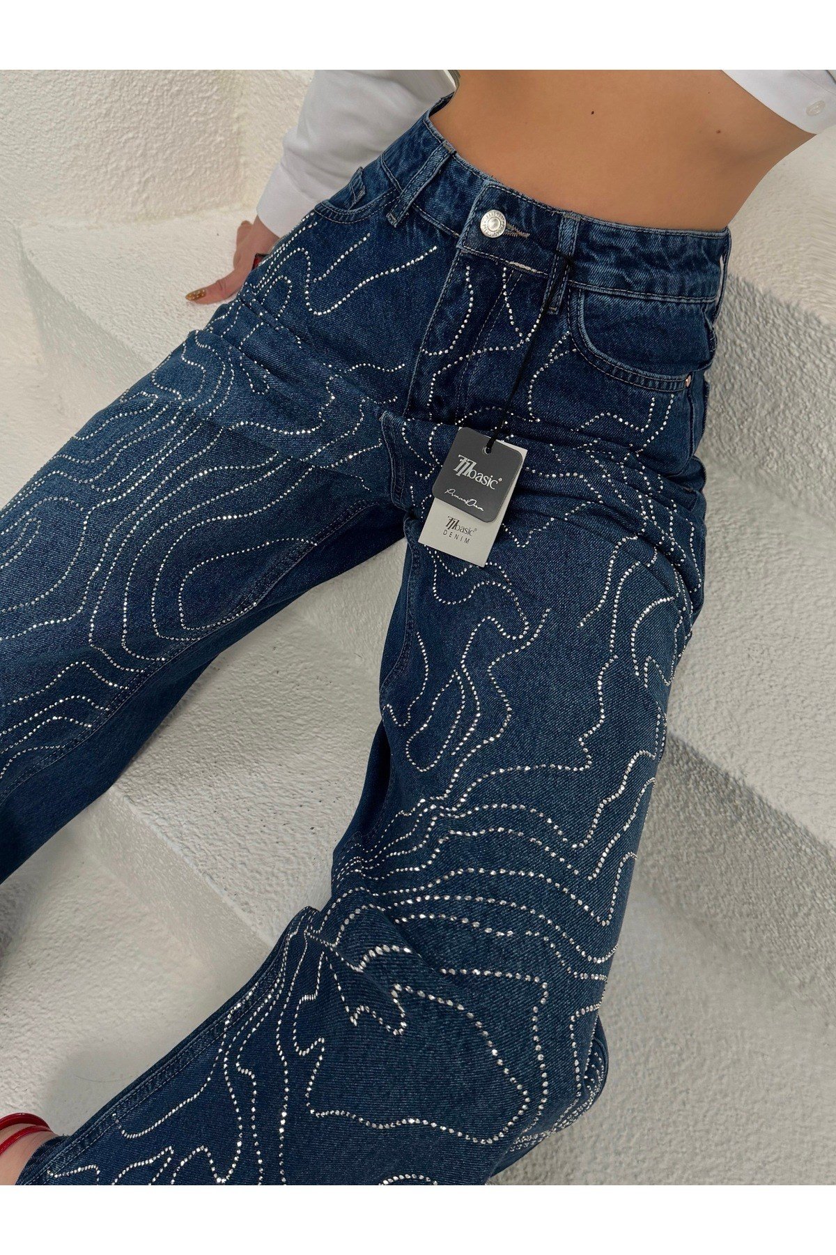 Desenli Taşlı Jean Pantolon