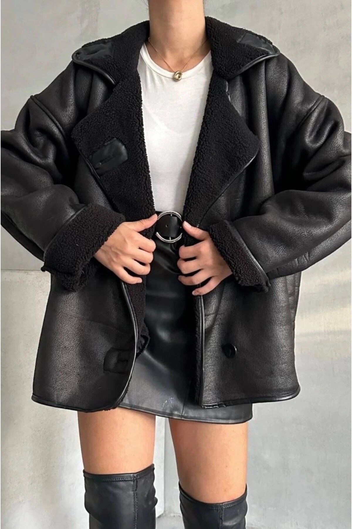 Dokulu Süet İçi Kürk Oversize Zr Mont