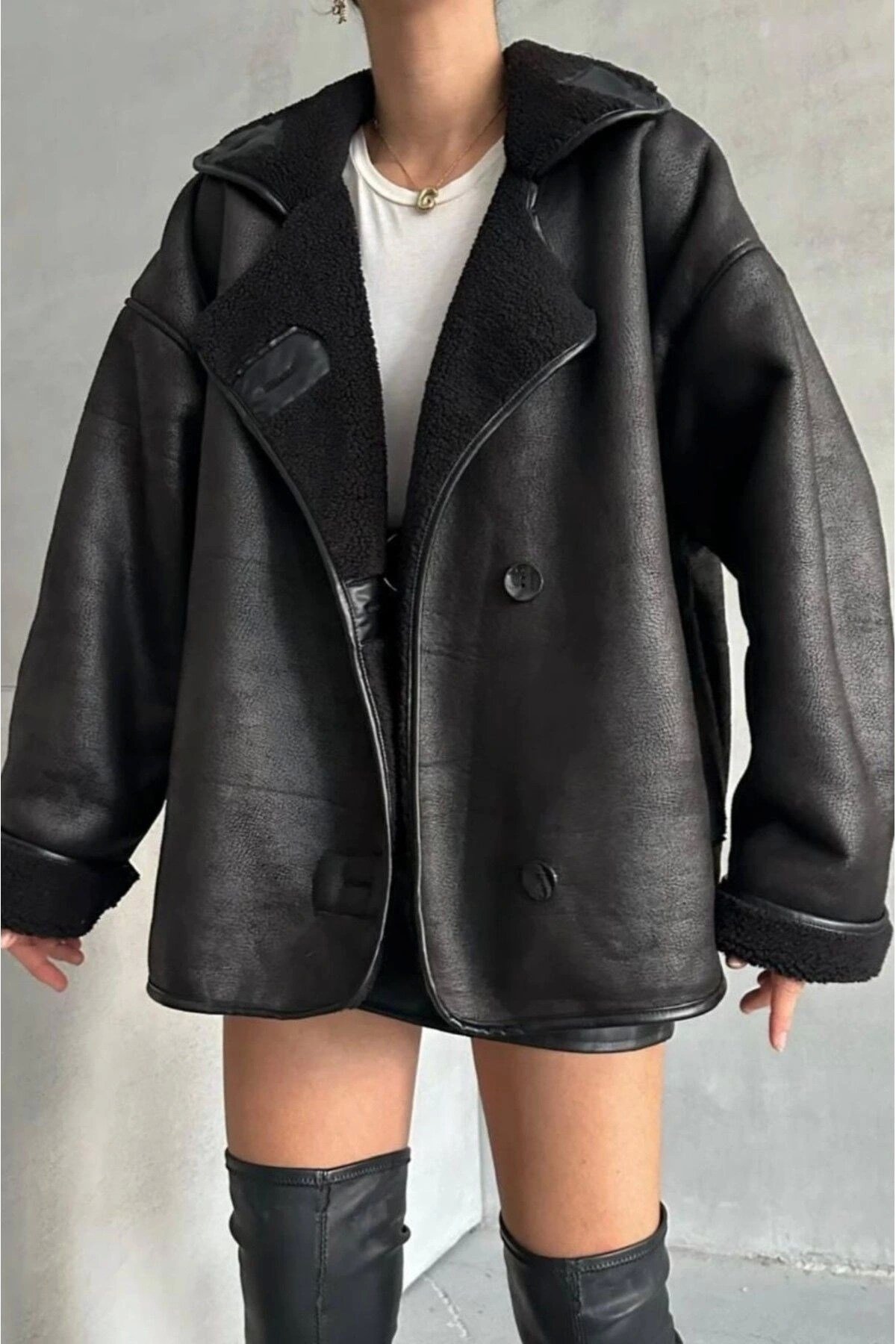 Dokulu Süet İçi Kürk Oversize Zr Mont