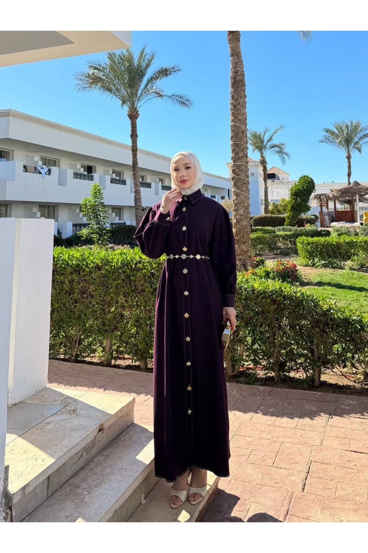 Gold Düğmeli Denim Tesettür Elbise
