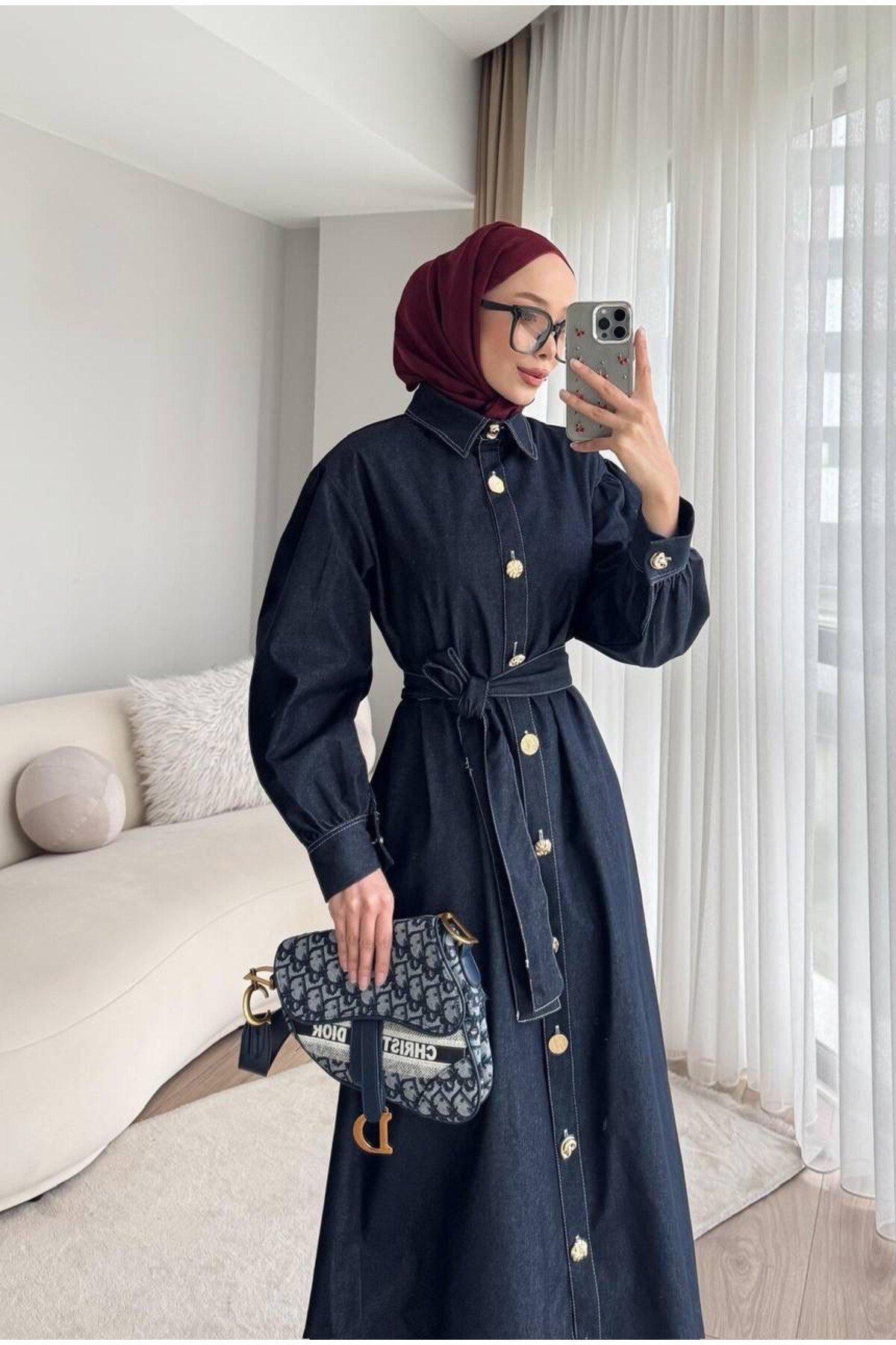 Gold Düğmeli Denim Tesettür Elbise