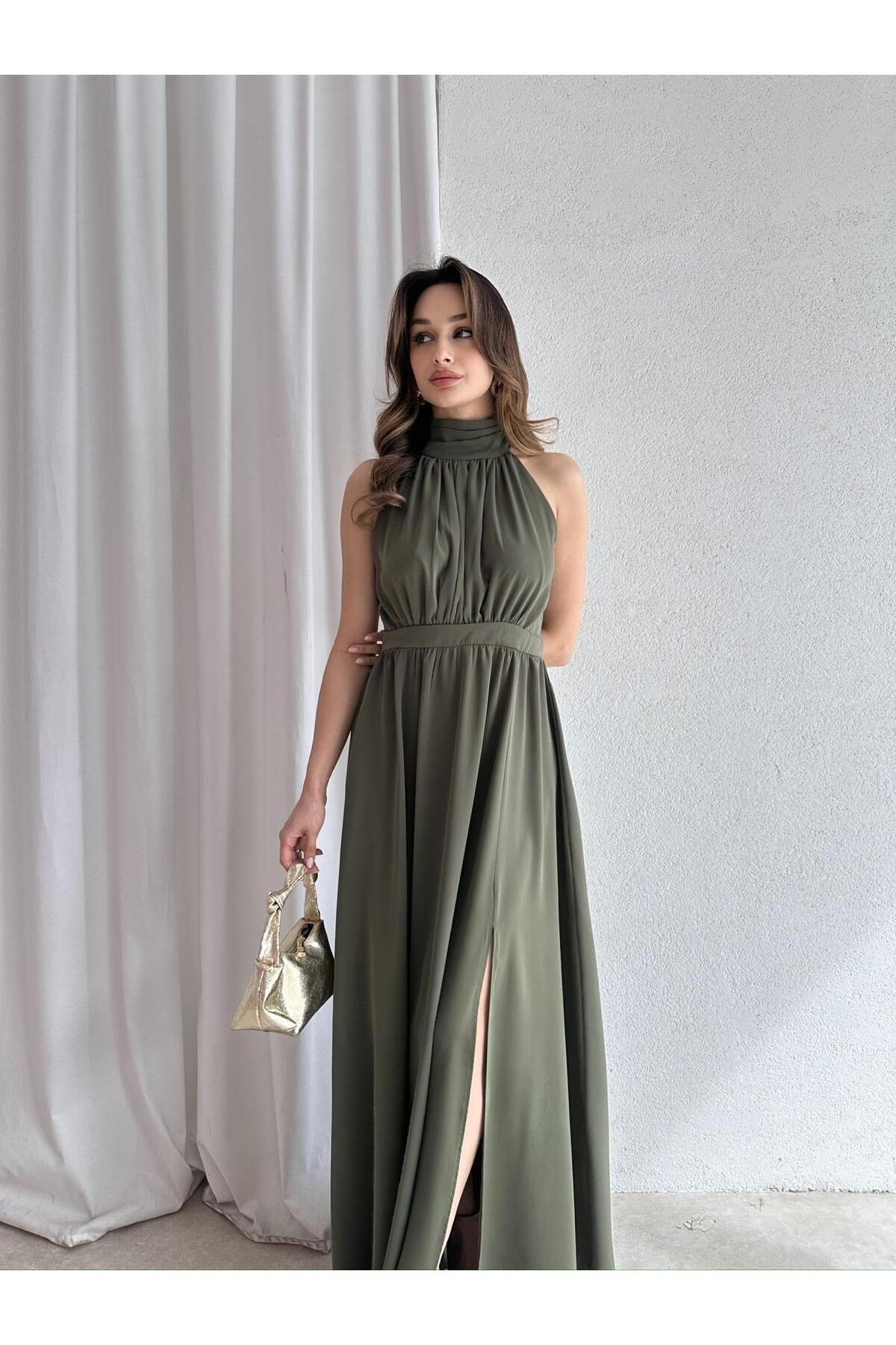 Haki Halter Yaka Yırtmaçlı Uzun Elbise