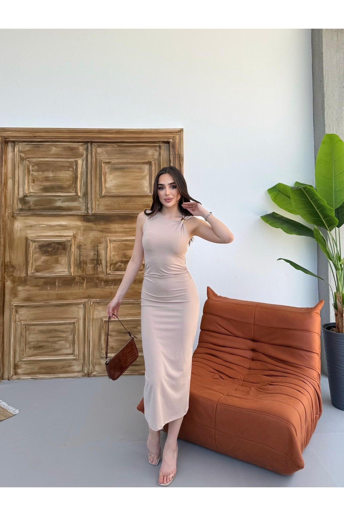 Kadın Asimetrik Drapeli Zr Model Maxi Elbise