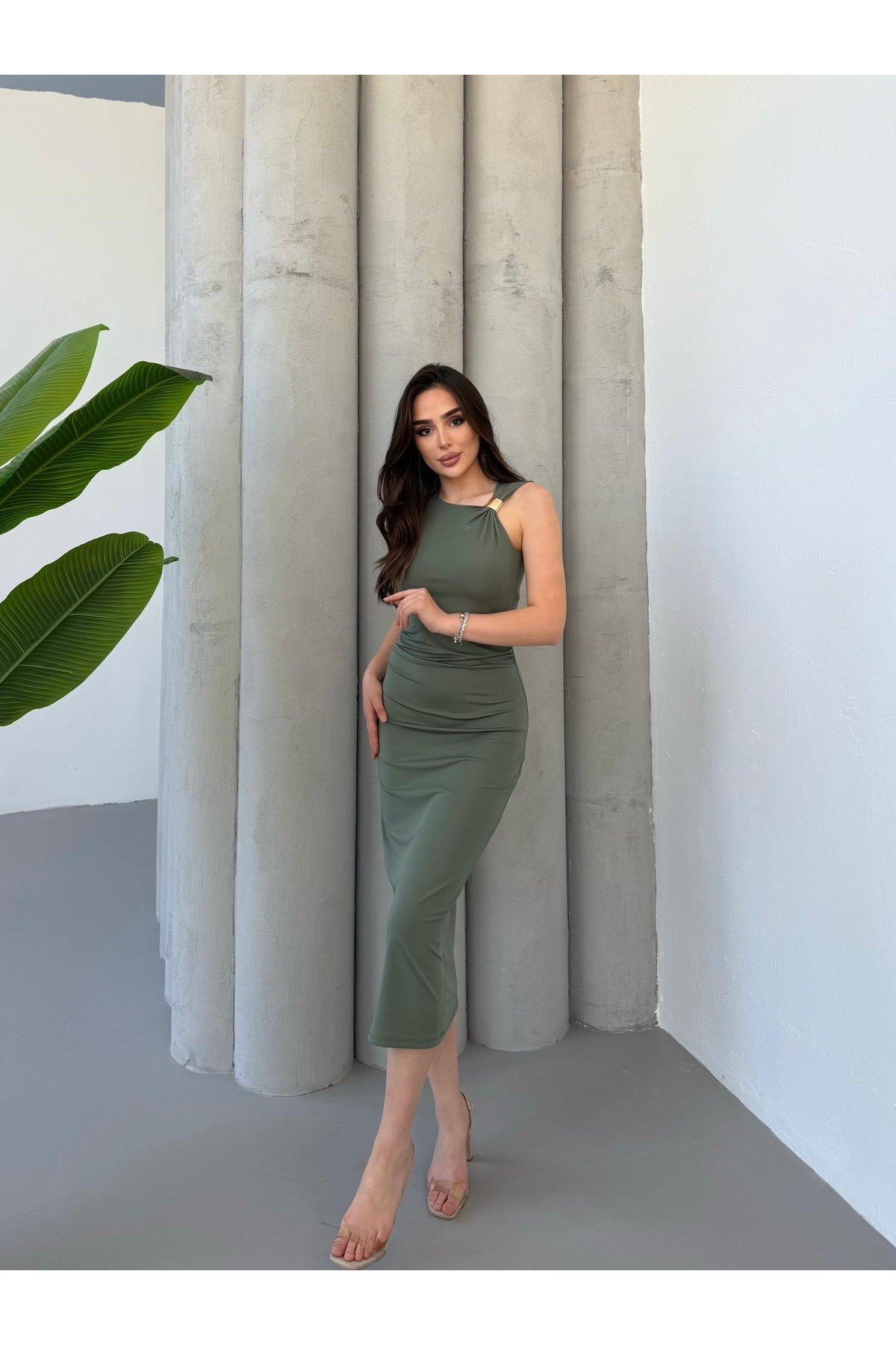 Kadın Asimetrik Drapeli Zr Model Maxi Elbise