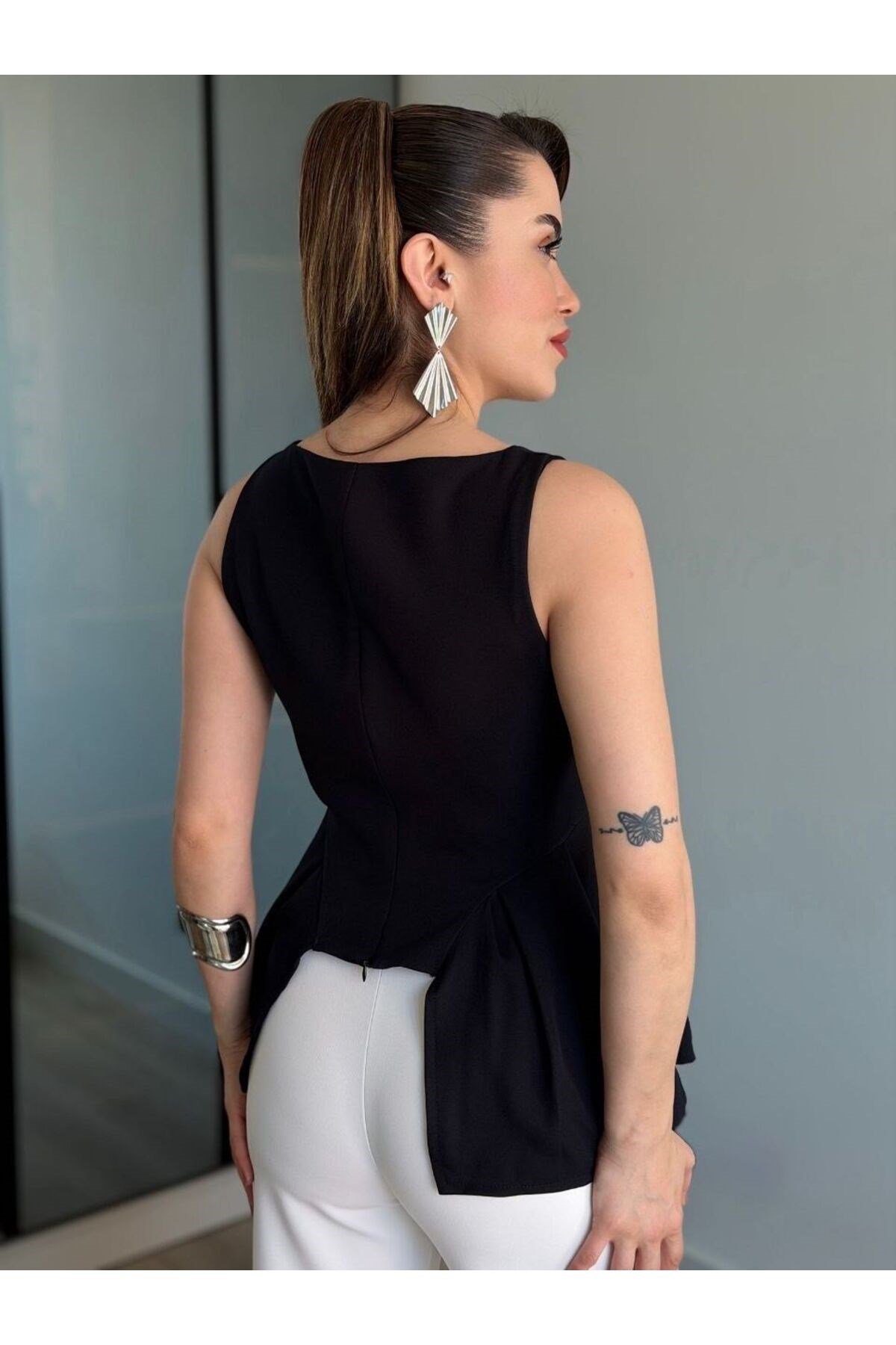 Kadın Askılı Korse Görünümlü Kare Yaka Peplum Bluz
