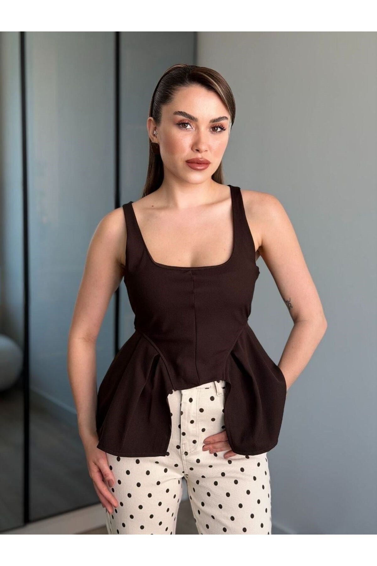 Kadın Askılı Korse Görünümlü Kare Yaka Peplum Bluz
