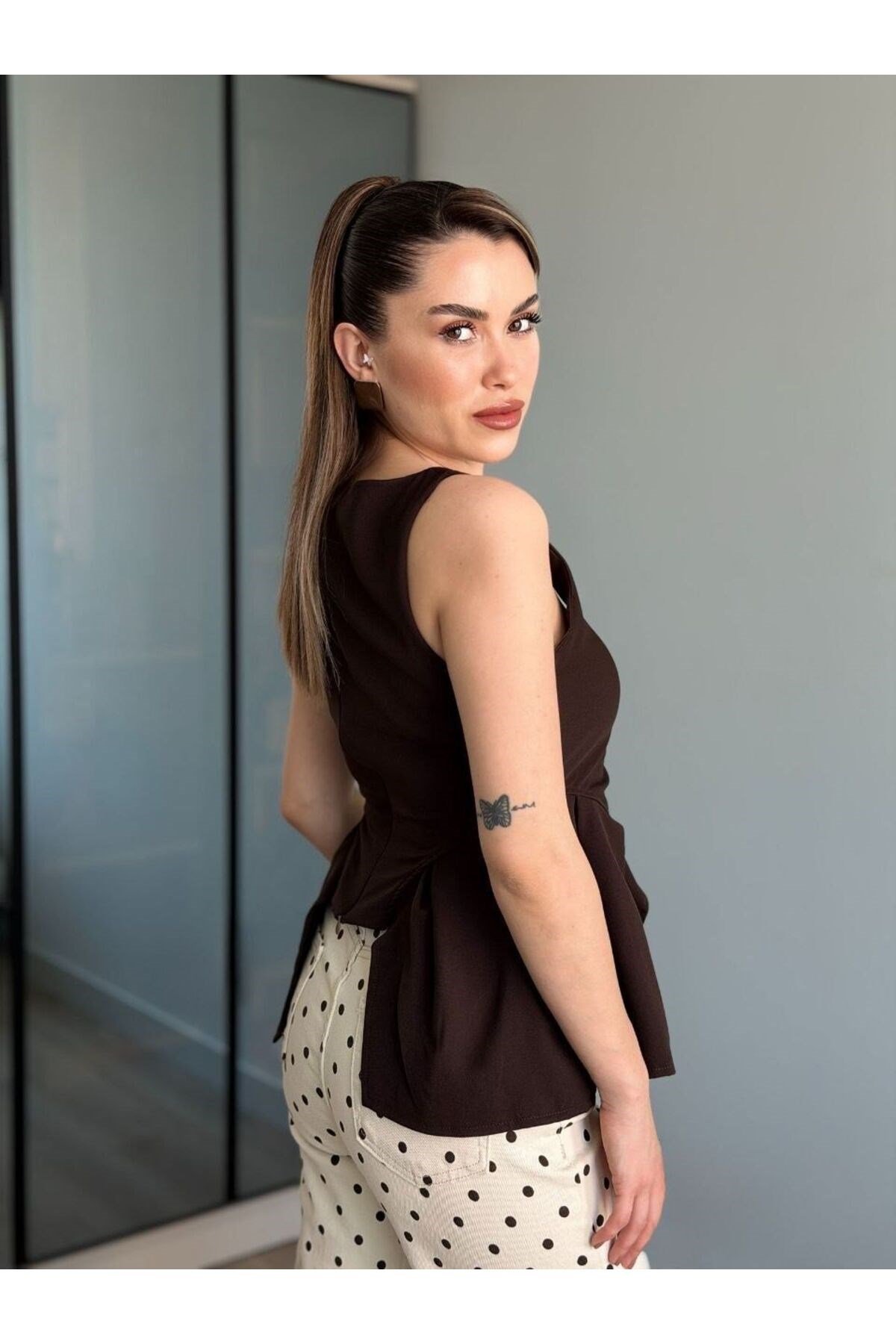 Kadın Askılı Korse Görünümlü Kare Yaka Peplum Bluz